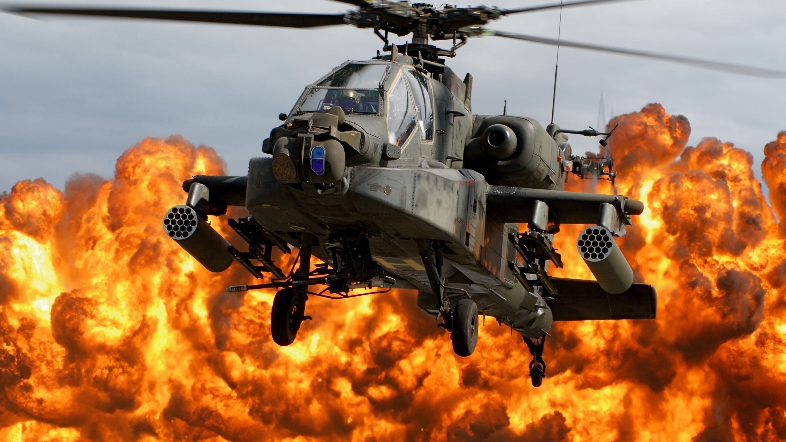 General 2560x1440 helicopters explosion vehicle military aircraft military vehicle Boeing AH-64 Apache United States Army American aircraft Boeing attack helicopters