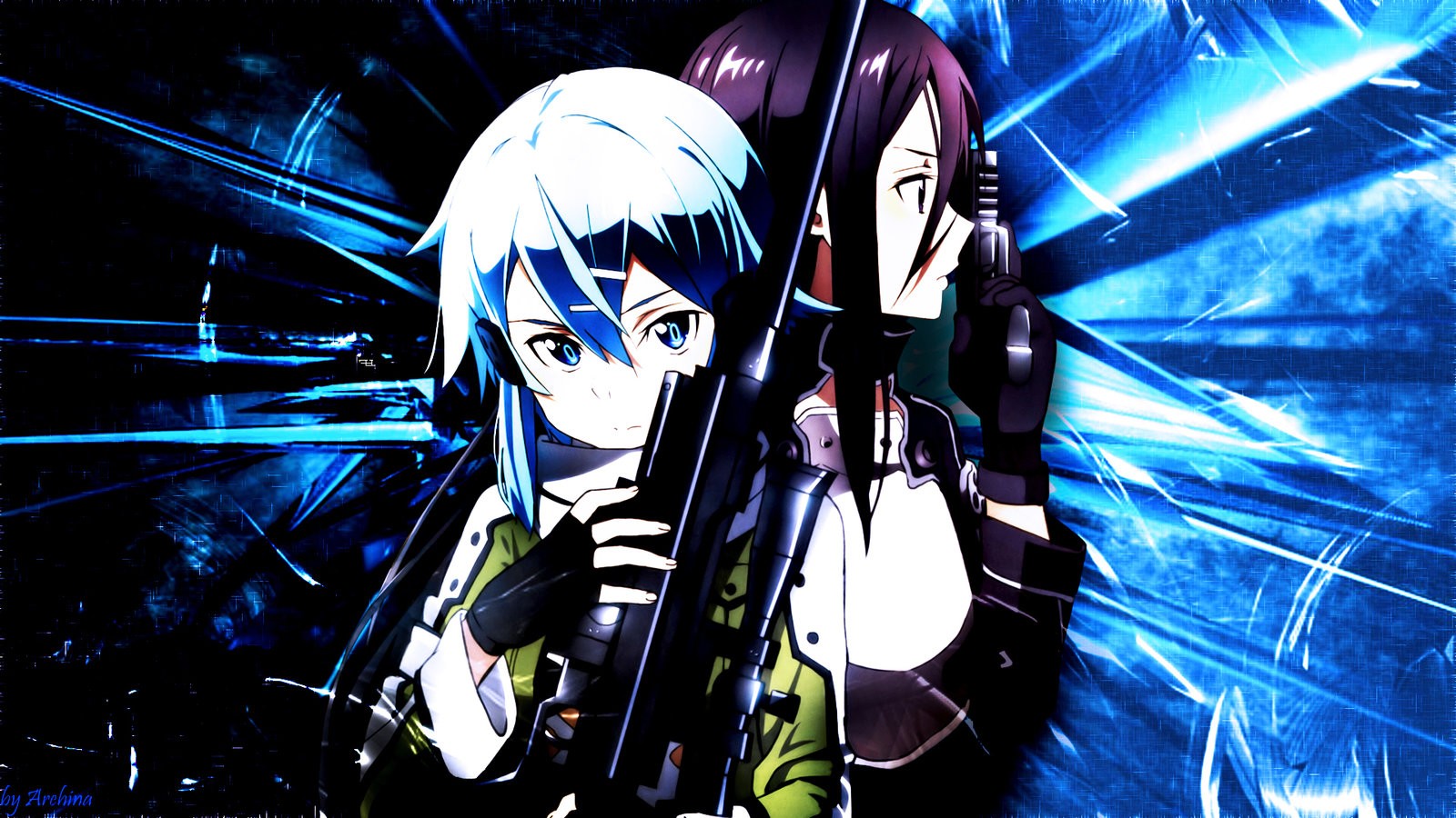 Anime 1600x900 Sword Art Online anime sniper rifle anime girls Asada Shino girls with guns blue hair blue eyes purple hair gun weapon rifles anime boys Kirigaya Kazuto (Sword Art Online) Kirigaya Kazuto M9000 Avatar (Sword Art Online)