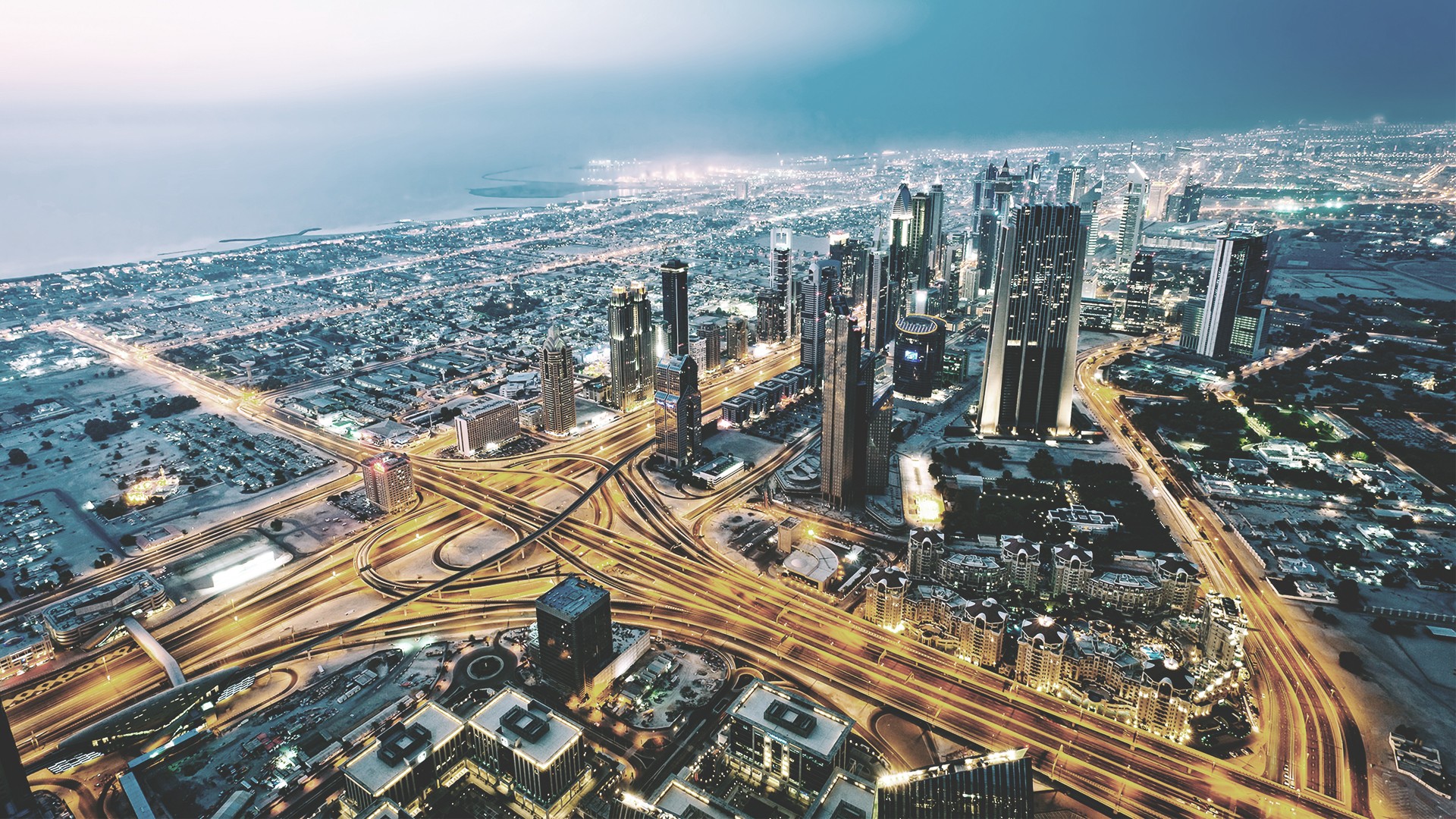 General 1920x1080 Dubai city cityscape night highway aerial view United Arab Emirates long exposure city lights