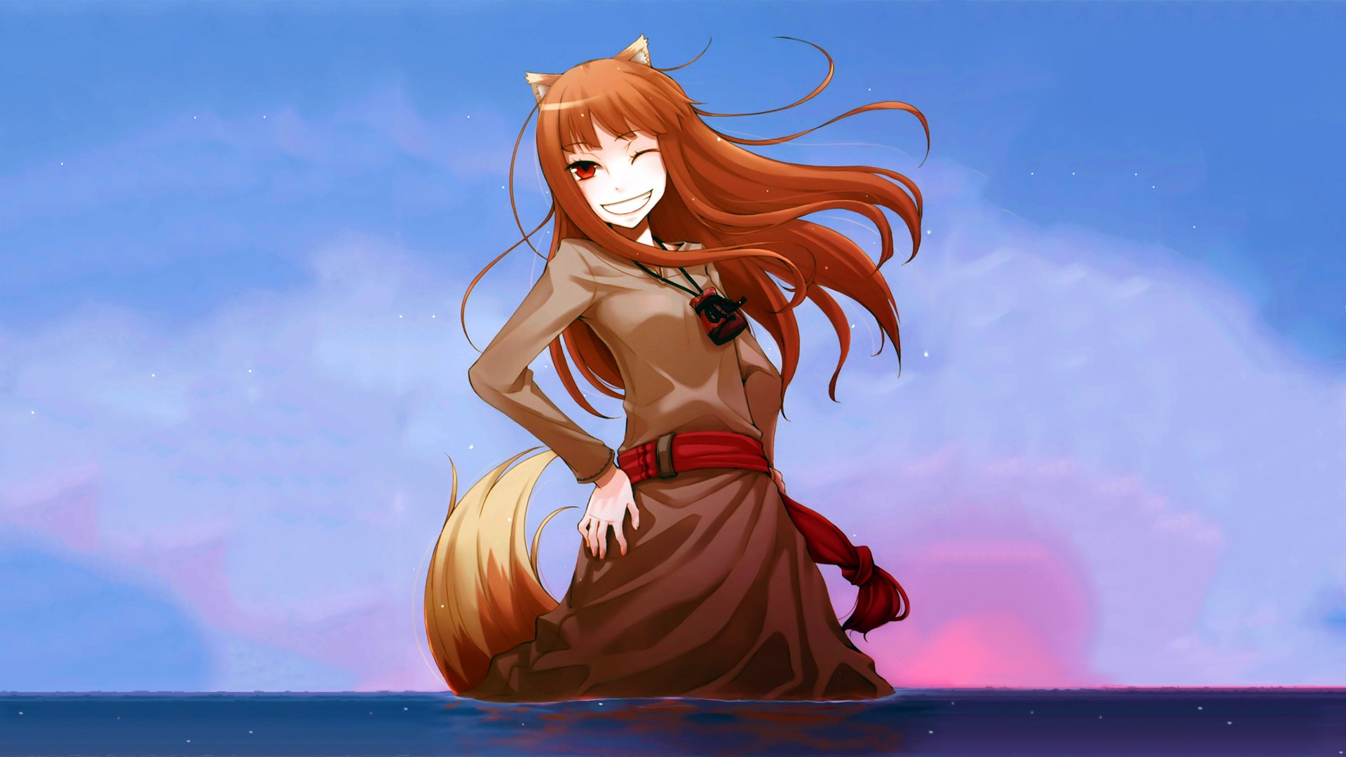 Anime 1920x1080 anime anime girls Spice and Wolf Holo (Spice and Wolf) wolf girls one eye closed smiling in water water tail red eyes long hair