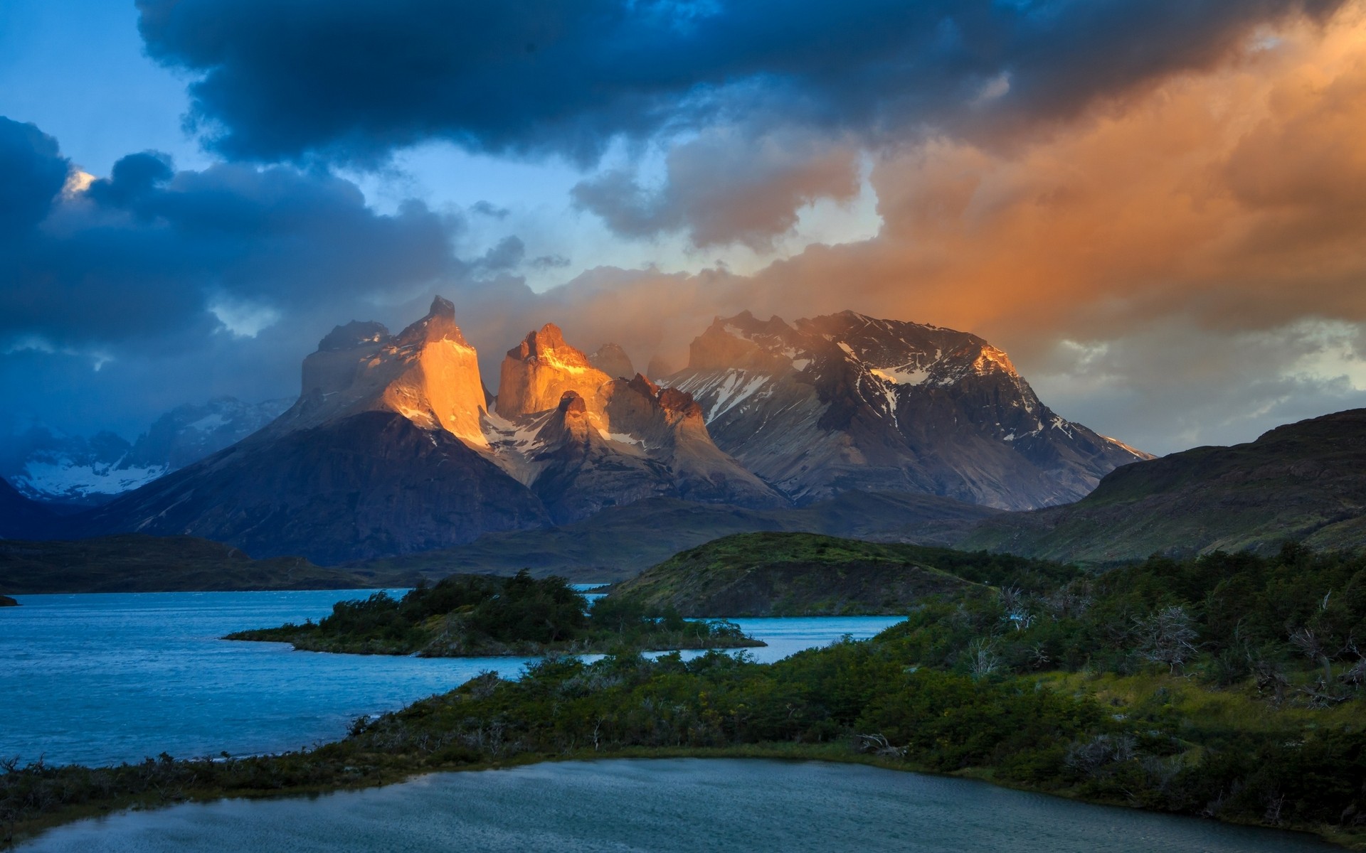 General 1920x1200 landscape nature mountains lake clouds Chile Torres del Paine snowy peak shrubs sunlight trees South America