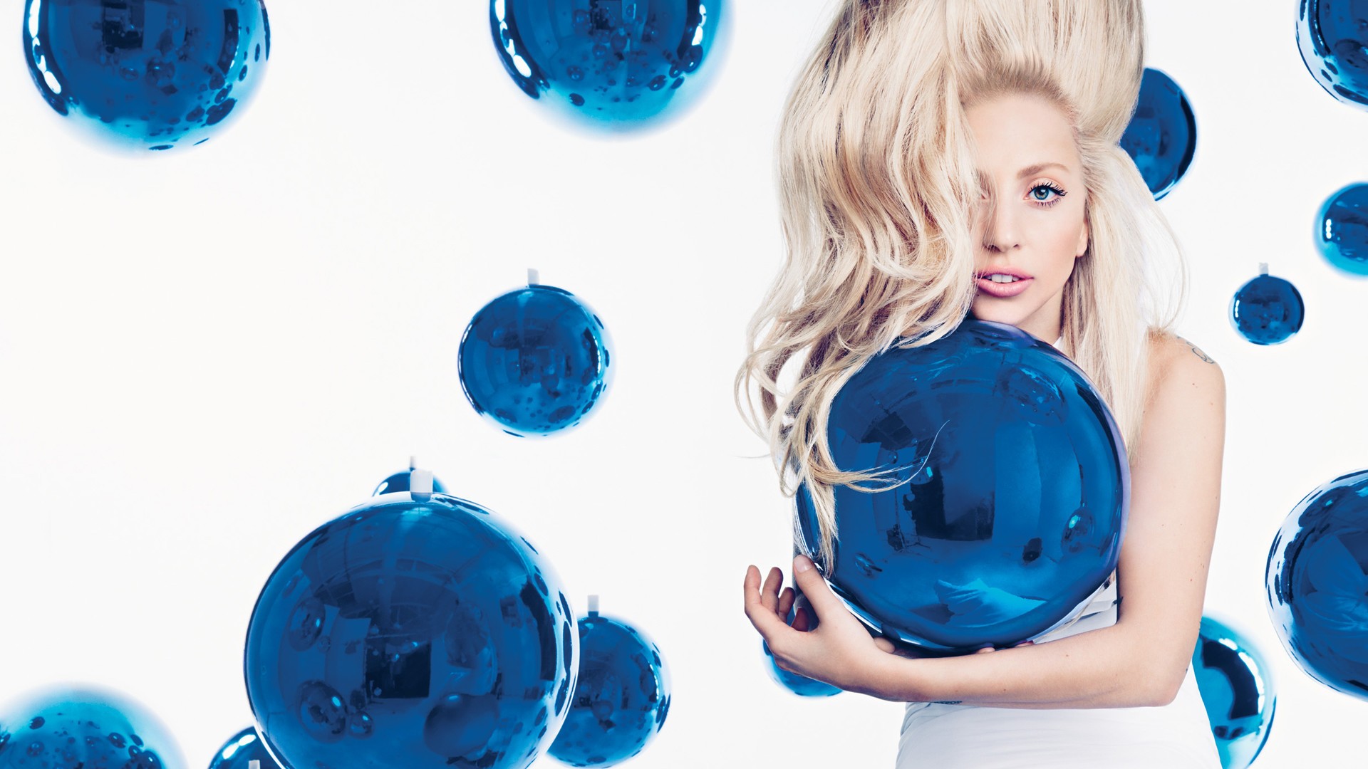 People 1920x1080 Lady Gaga women blonde singer hair in face open mouth blue eyes white dress celebrity white background simple background bubbles looking at viewer long hair