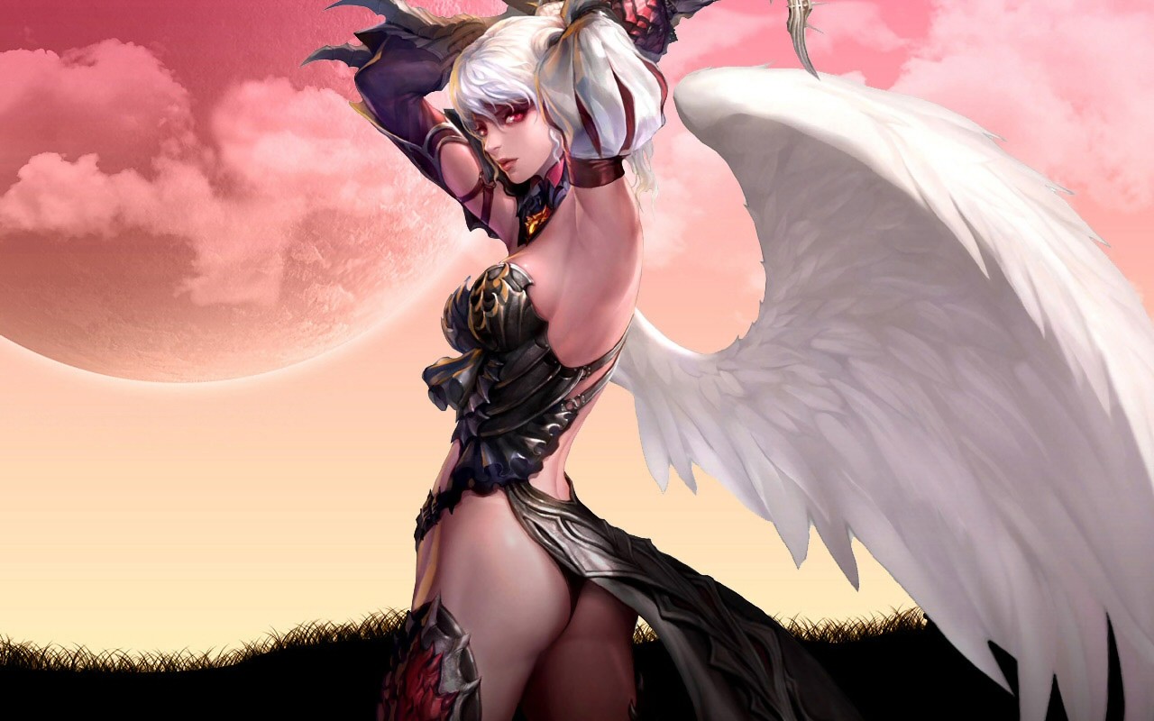 General 1280x800 Lineage II Kamael PC gaming video game art erotic art  fantasy art fantasy girl angel white hair red eyes boobs arms up ass wings standing looking at viewer