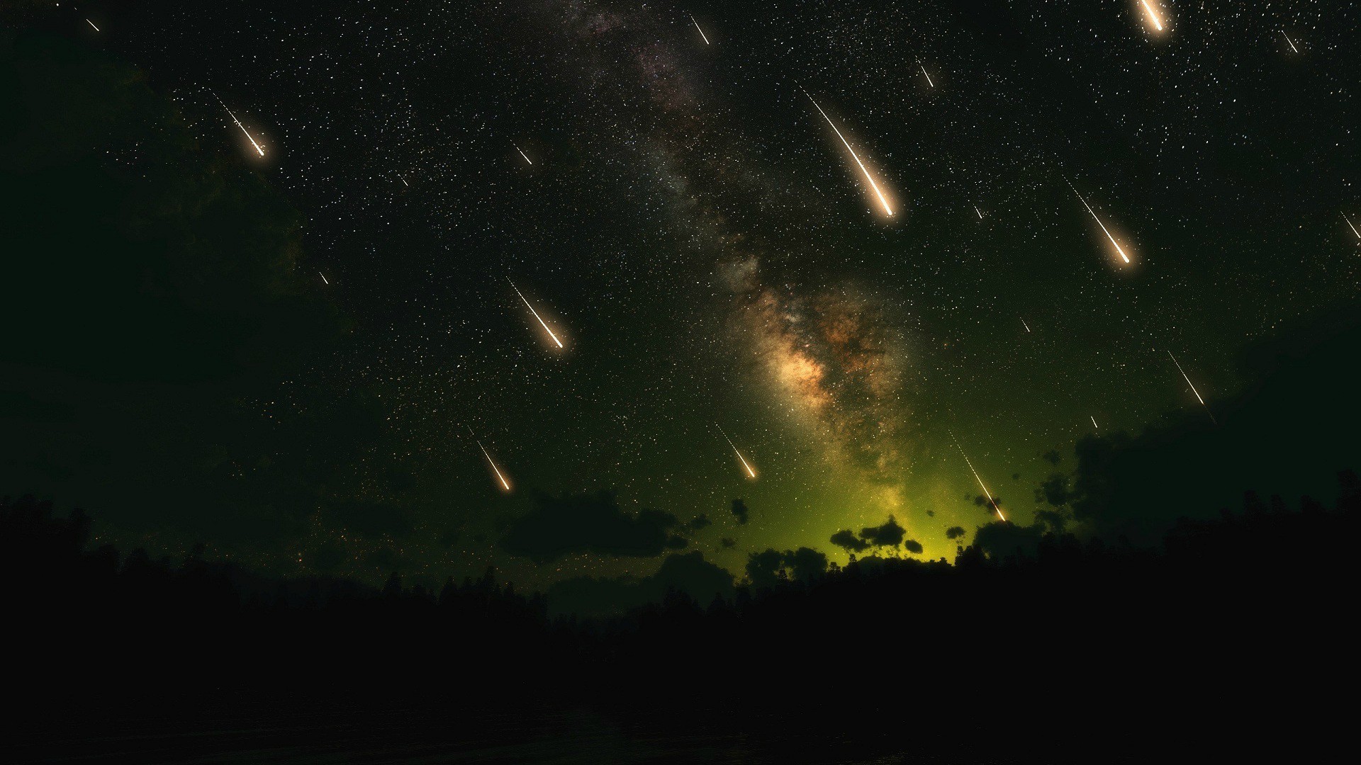 General 1920x1080 digital art shooting stars star trails stars space forest night comet dark