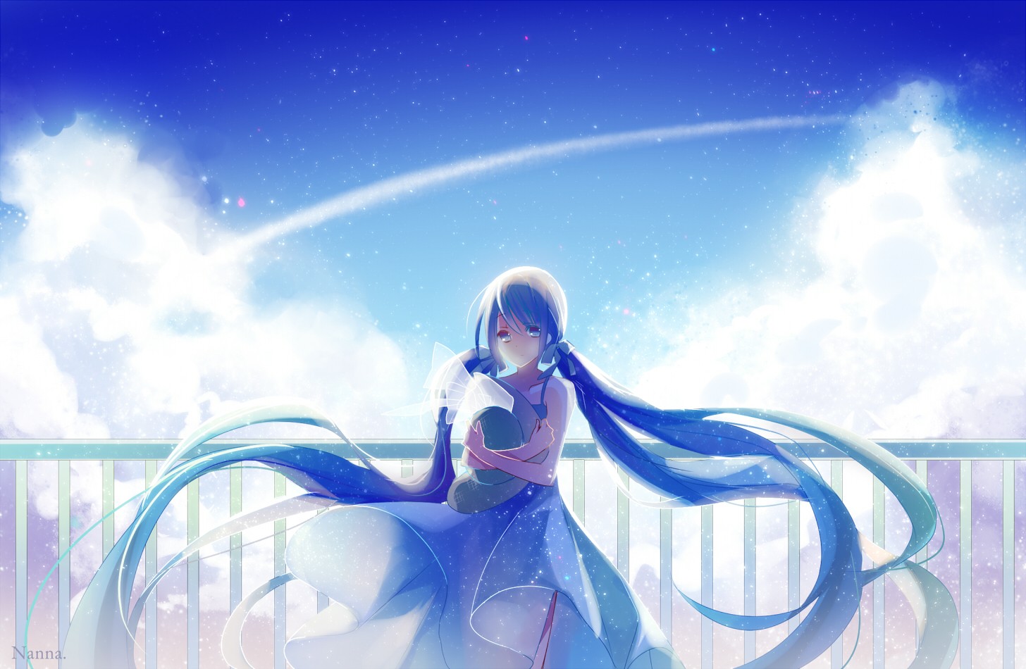 Anime 1456x950 Vocaloid Hatsune Miku long hair twintails hat clouds anime girls anime women sky stars blue dress