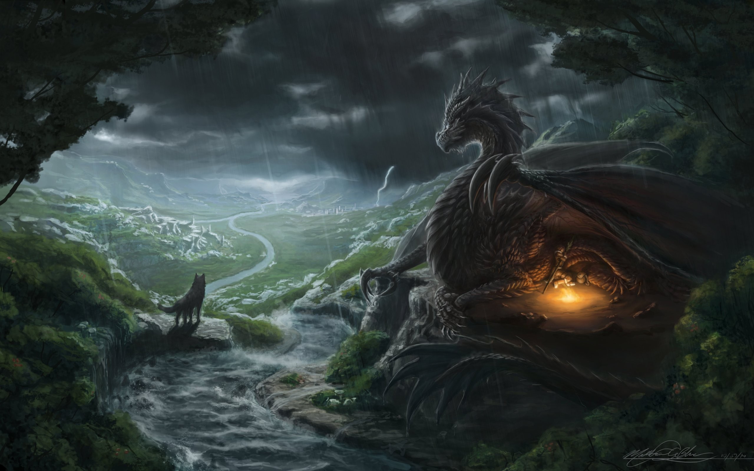 General 2560x1600 fantasy art dragon wolf river