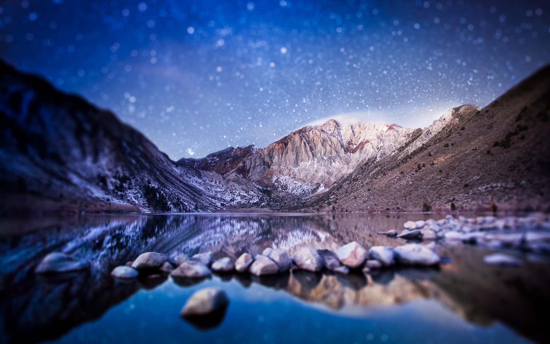 General 1920x1200 stars mountains valley lake tilt shift rocks water reflection snow nature