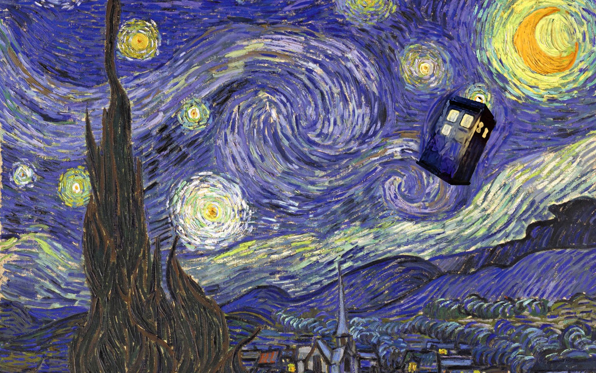 General 1920x1200 Doctor Who Vincent van Gogh TARDIS TV series science fiction artwork The Starry Night digital art