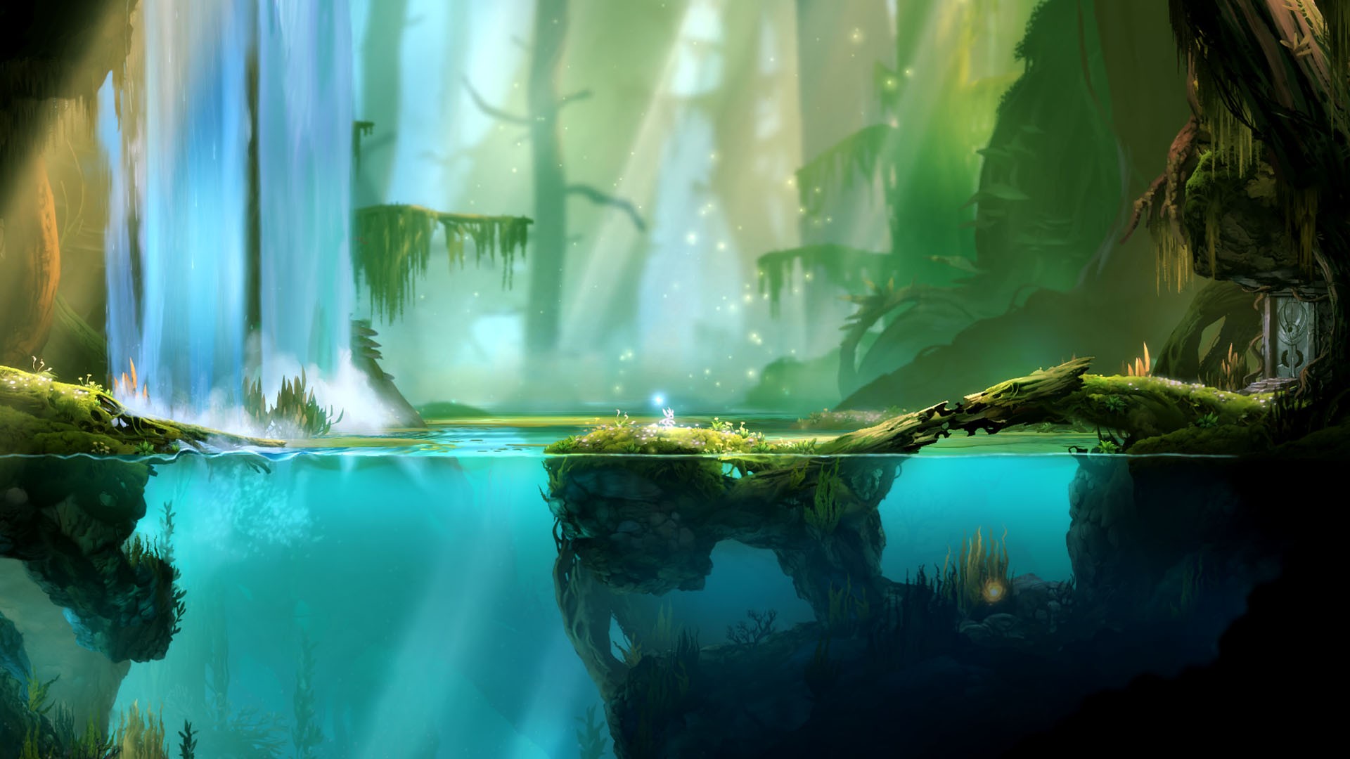 General 1920x1080 digital art video games water trees underwater sunlight rocks mist fantasy art swamp split view roots forest Ori and the Blind Forest waterfall