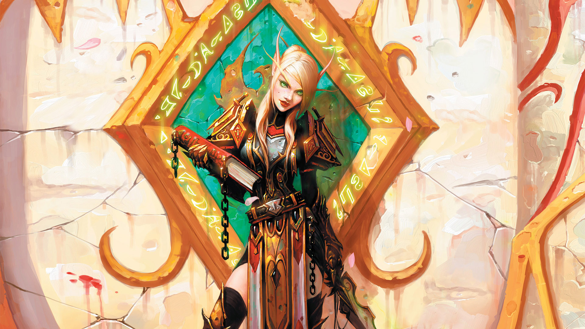 General 1920x1080 World of Warcraft video games blood elves elves women PC gaming fantasy art fantasy girl green eyes video game art video game girls blonde books chains standing red lipstick