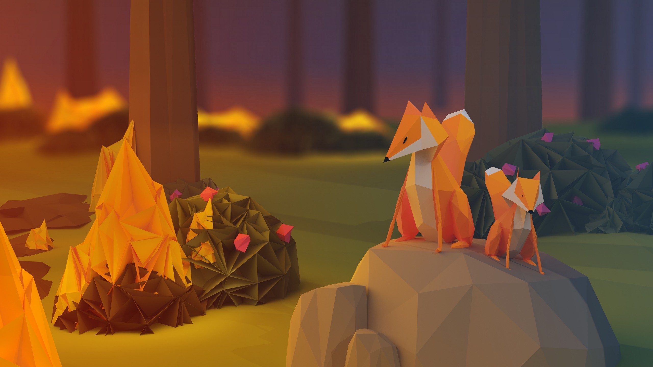 General 2560x1440 paper poly fire nature fox rocks low poly digital art stones plants trees flowers baby animals