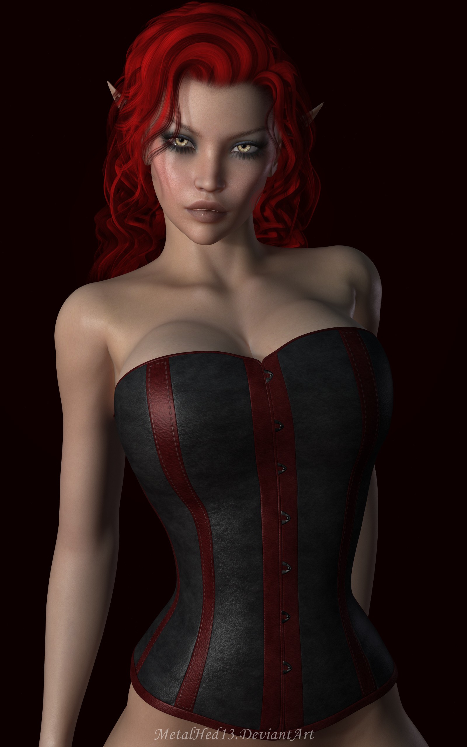 General 1600x2560 CGI metalhed13 3dx redhead big boobs corset DeviantArt fantasy girl fantasy art pointy ears makeup standing digital art