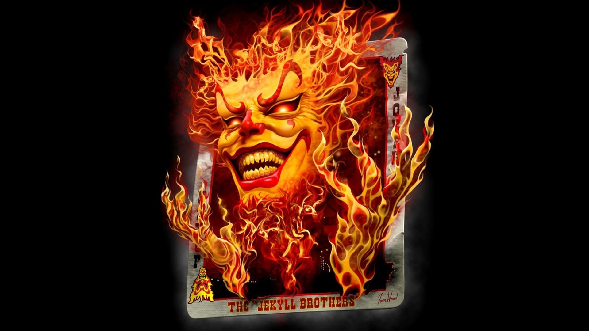 General 1920x1080 digital art black background playing cards fire Joker smiling devil red eyes Juggalo Flame Painter