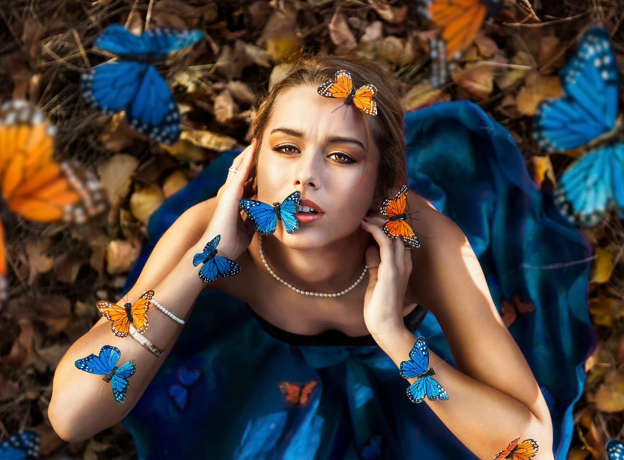 People 2047x1510 women model brunette long hair women outdoors nature looking at viewer blue dress open mouth butterfly necklace pearls