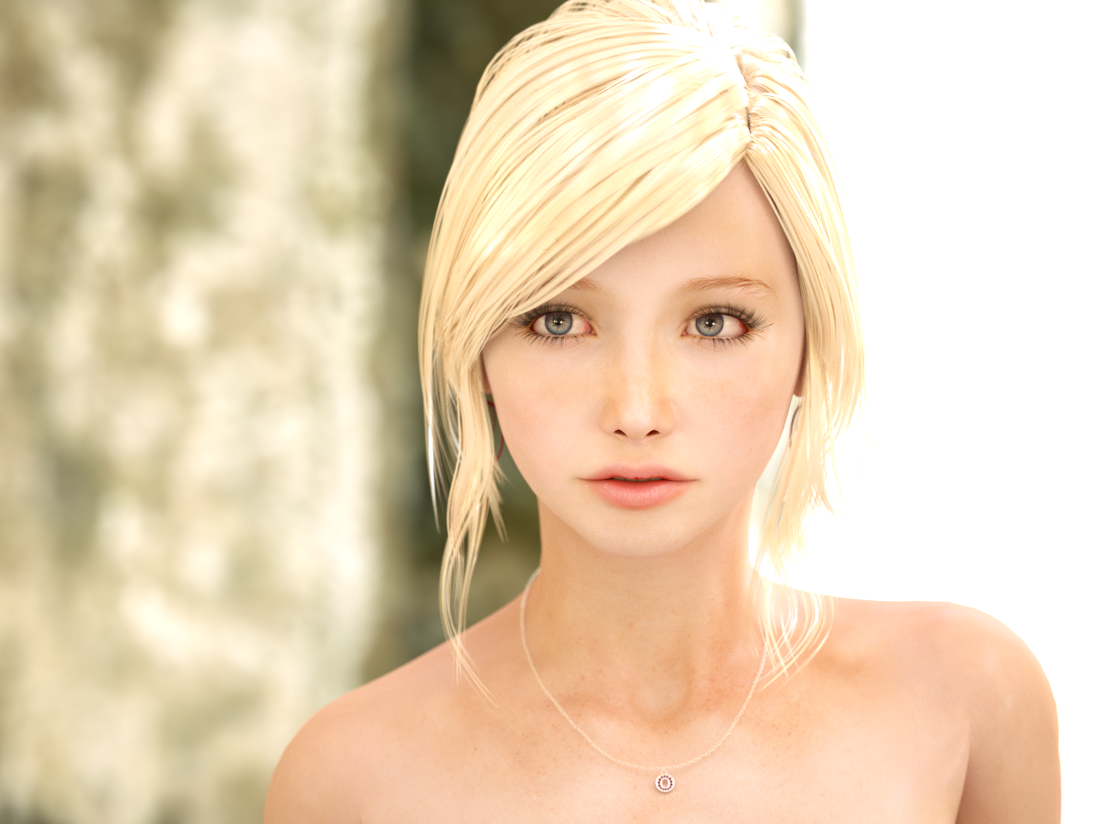 People 1600x1200 short hair blonde women CGI face digital art necklace implied nude