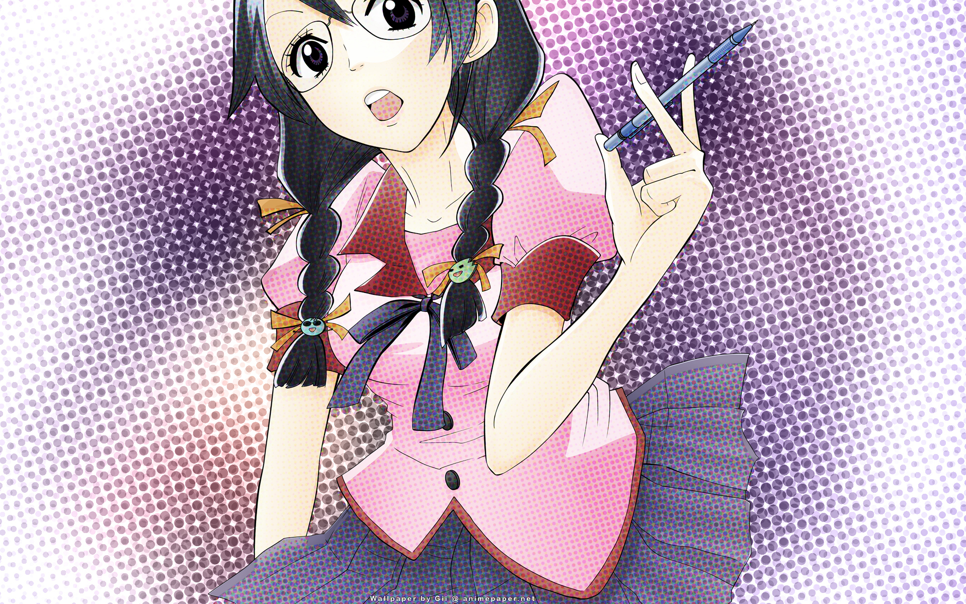 Anime 1920x1200 anime girls Monogatari Series school uniform anime pens dark hair purple eyes