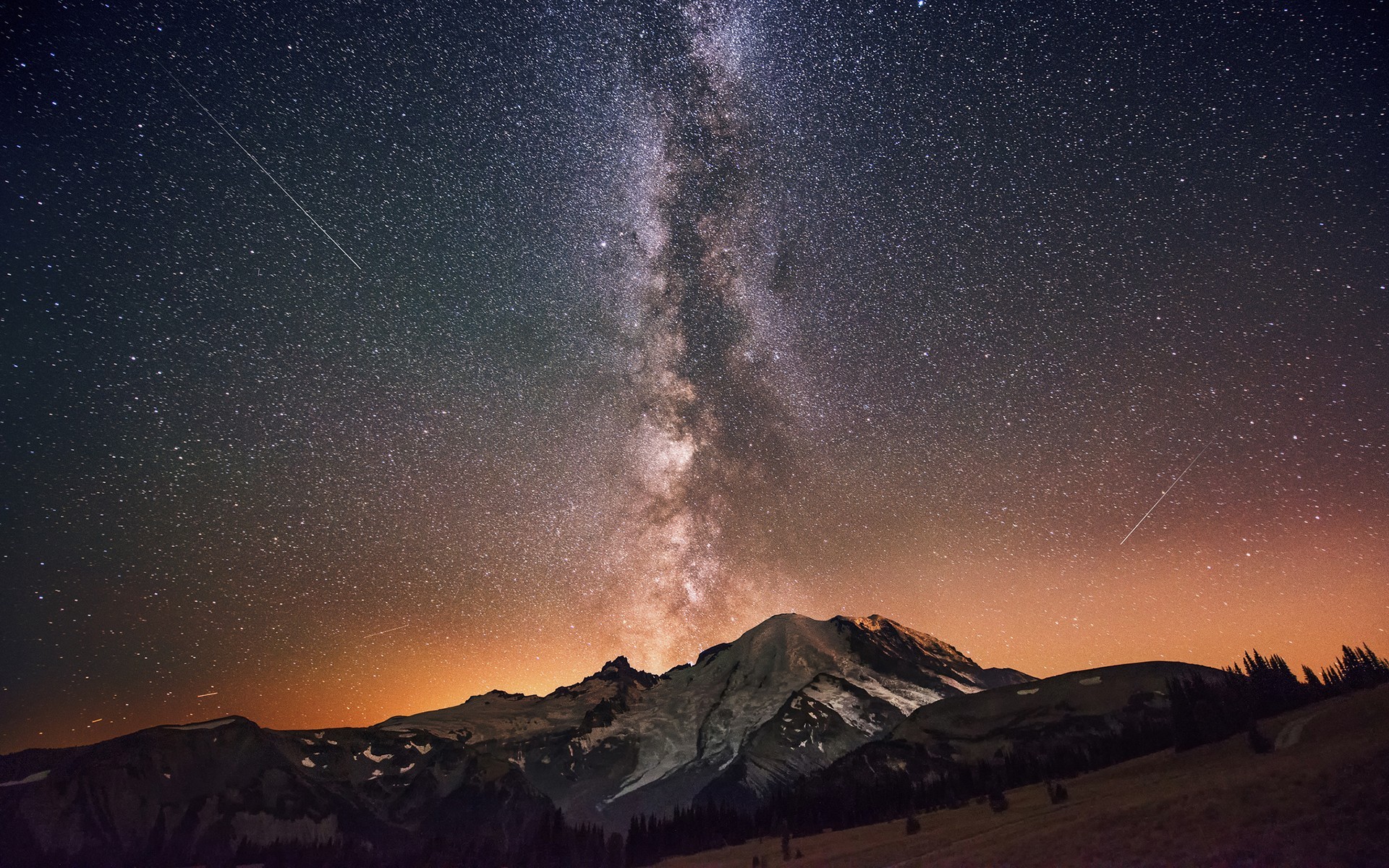 General 1920x1200 landscape nature shooting stars night sky sky stars mountains snowy peak Milky Way space