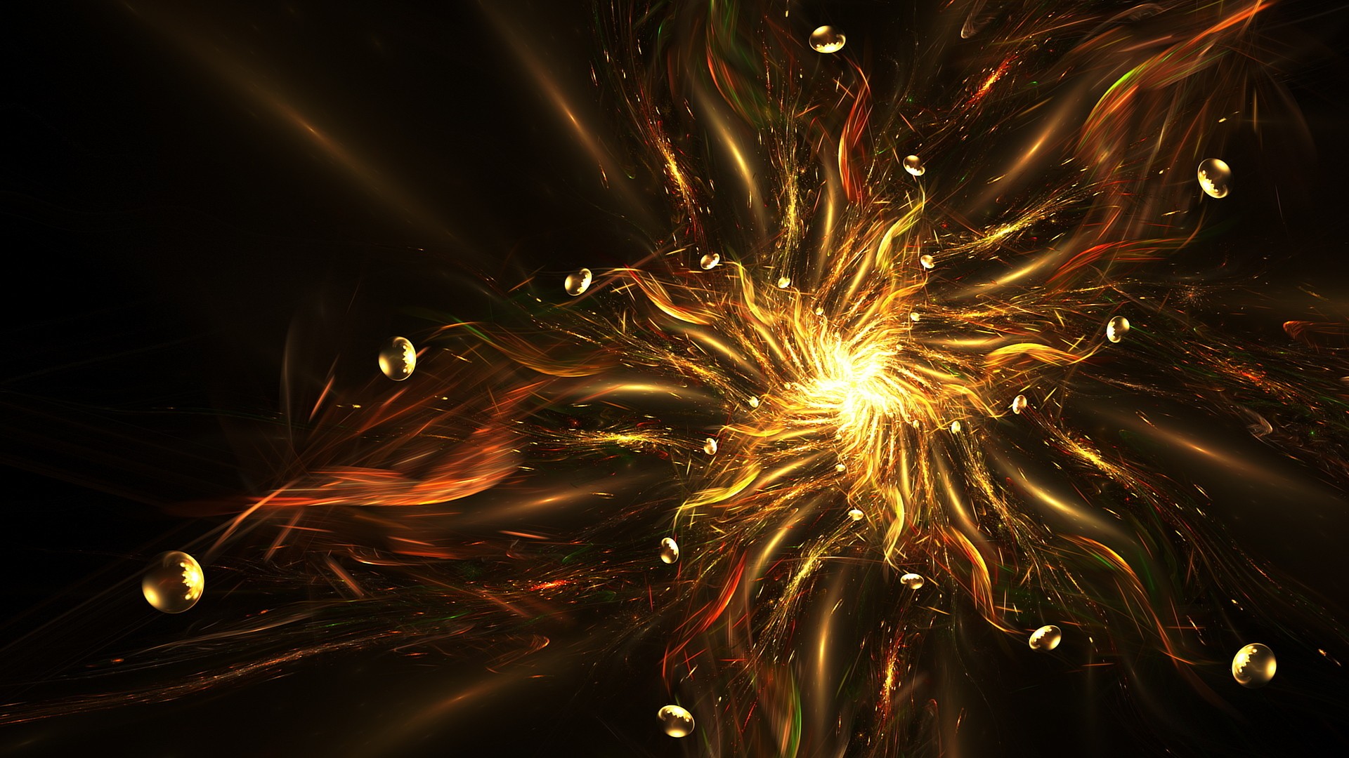 General 1920x1080 digital art abstract CGI fractal sphere gold stars shapes swirls