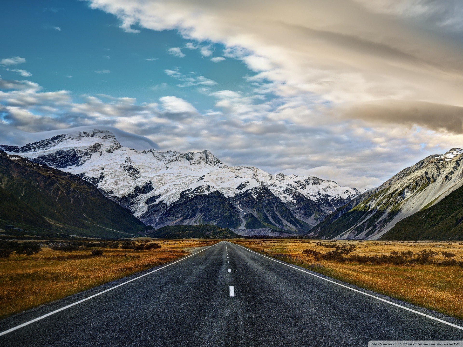 General 1920x1440 road mountains clouds nature Mount Cook New Zealand long road sky snowy peak landscape valley