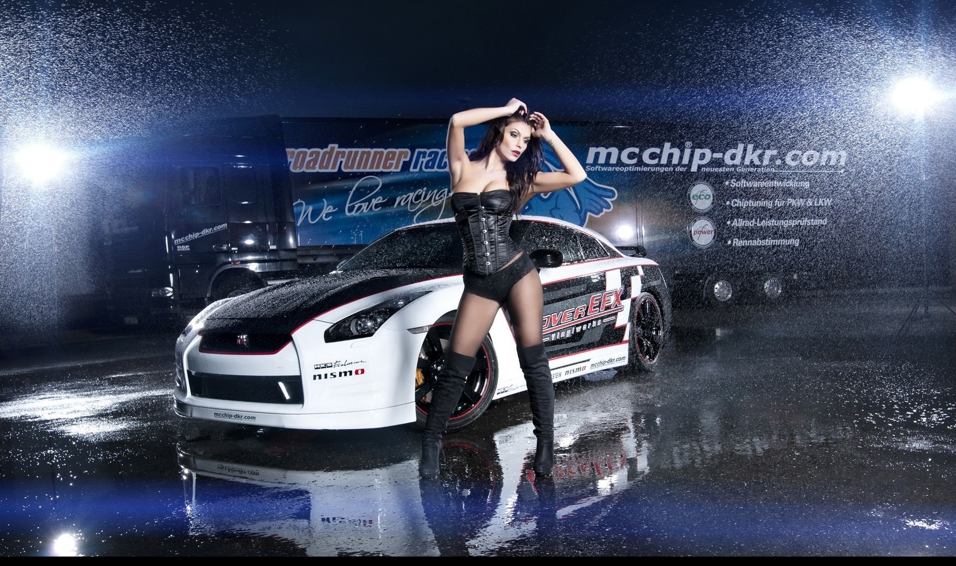 People 1920x1137 car women with cars Nissan GT-R model arms up women corset vehicle Nissan wet dark hair looking away standing white cars