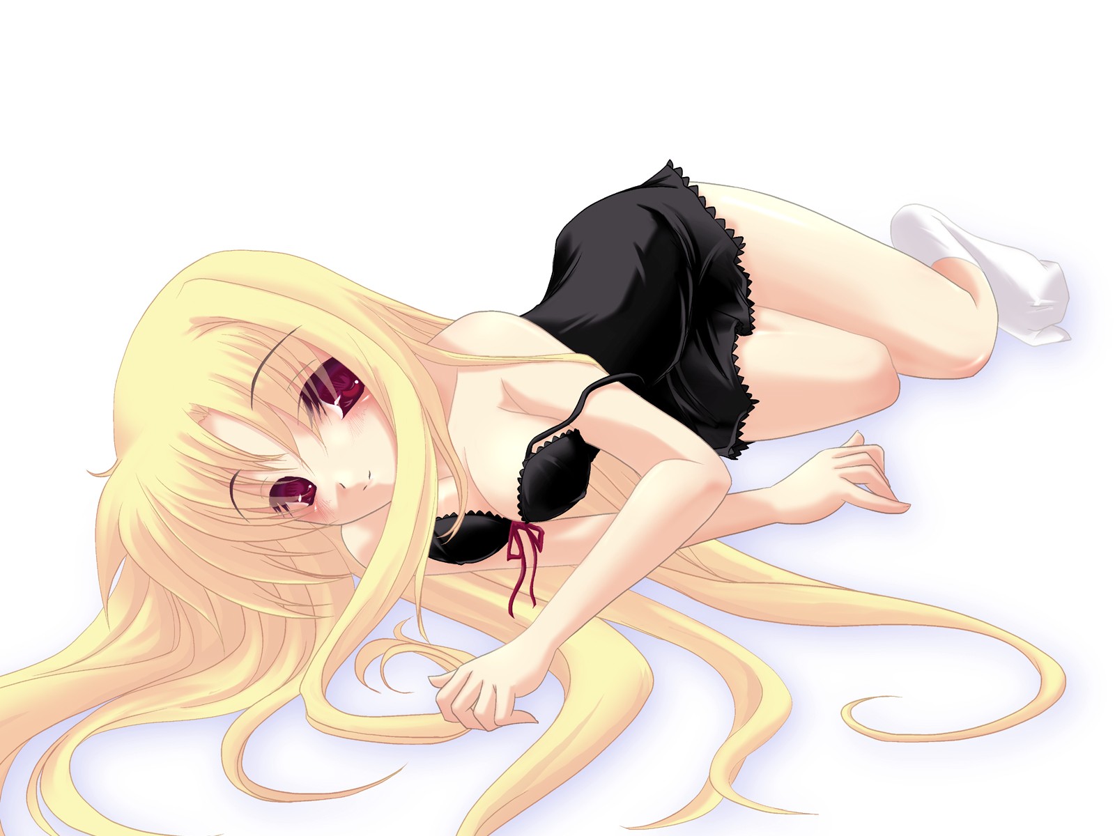 Anime 1600x1200 blonde red eyes Mahou Shoujo Lyrical Nanoha Fate Testarossa lying down long hair legs together simple background white background
