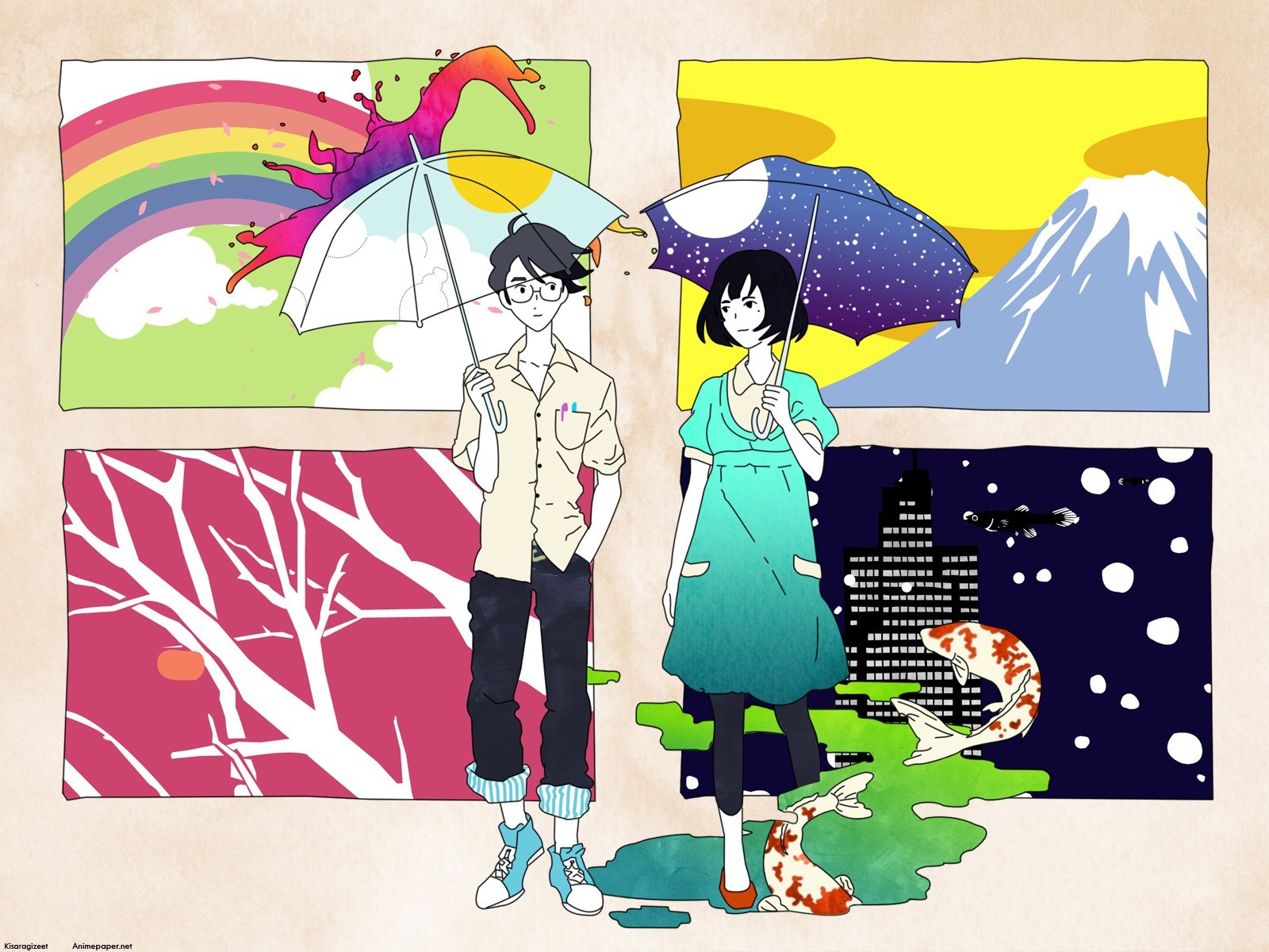 Anime 1600x1200 The Tatami Galaxy Akashi Watashi anime umbrella women with umbrella anime girls anime boys