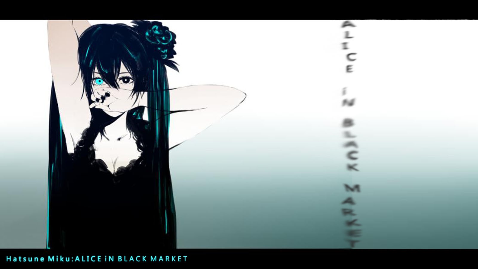 Anime 1600x900 anime Vocaloid Hatsune Miku heterochromia arms up dark hair long hair looking at viewer face simple background gradient