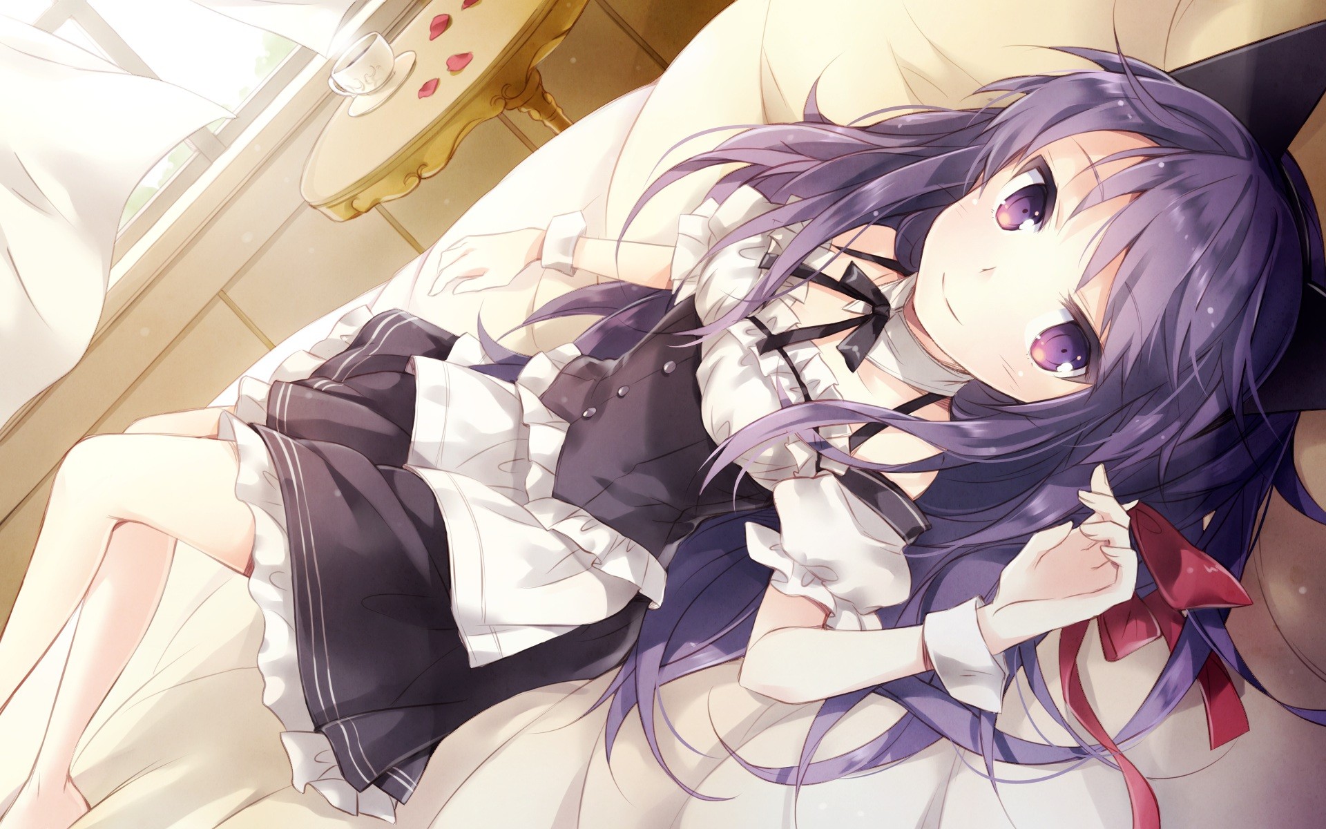 Anime 1920x1200 maid outfit anime NyaNya anime girls maid purple hair purple eyes cup looking at viewer lying on back