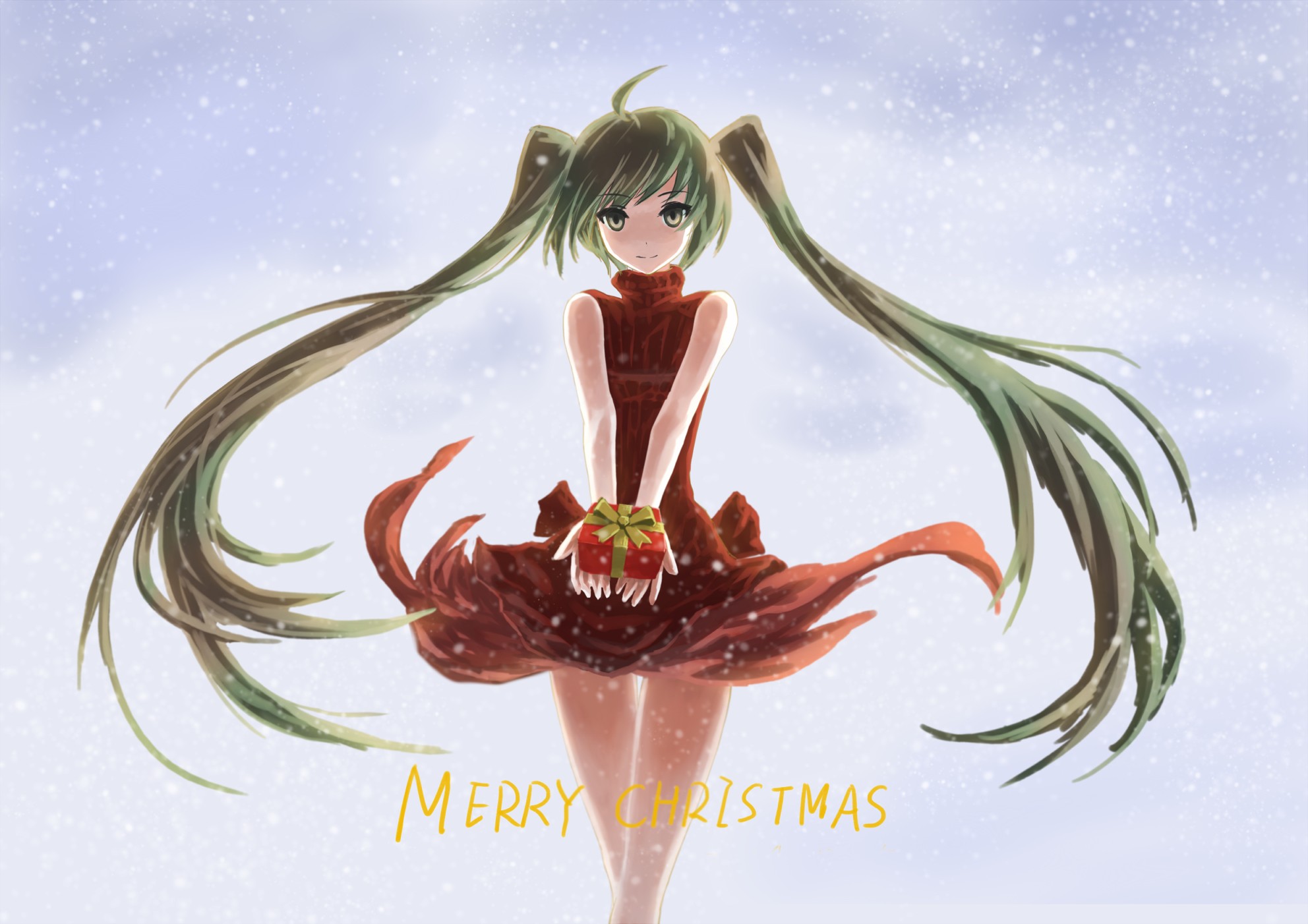 Anime 1984x1402 Vocaloid Hatsune Miku Christmas twintails long hair snowflakes snow presents anime girls anime Christmas presents dress red dress looking at viewer