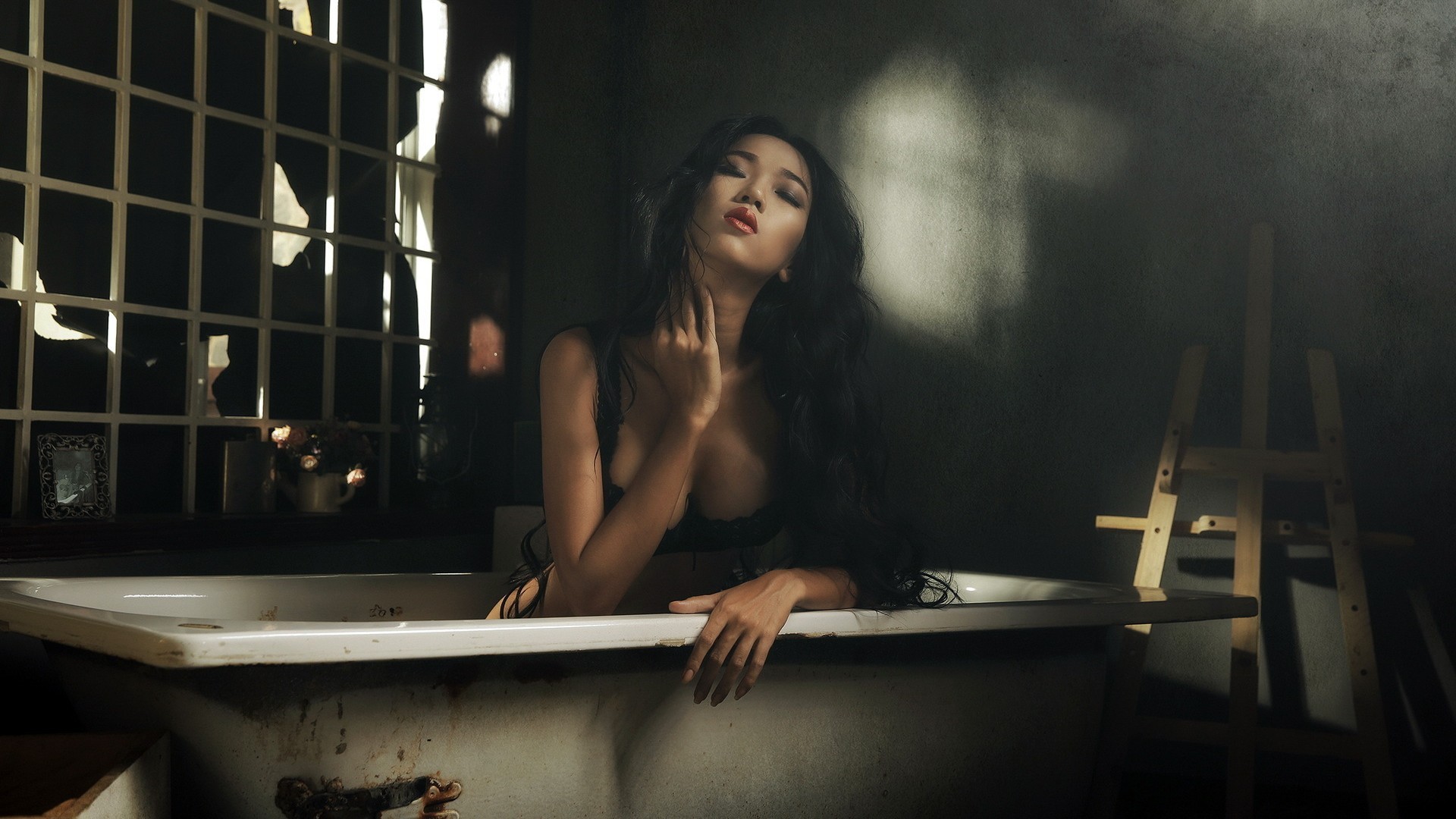 People 1920x1080 Asian women lingerie model closed eyes makeup red lipstick in bathtub bathtub women indoors indoors dark hair boobs long hair sensual gaze brunette
