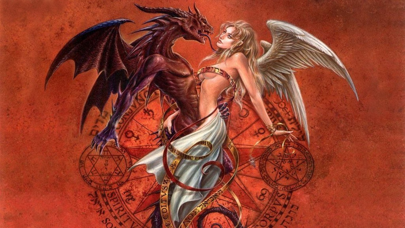 General 1366x768 angel devil Satan occultism fantasy art fantasy girl boobs wings artwork women