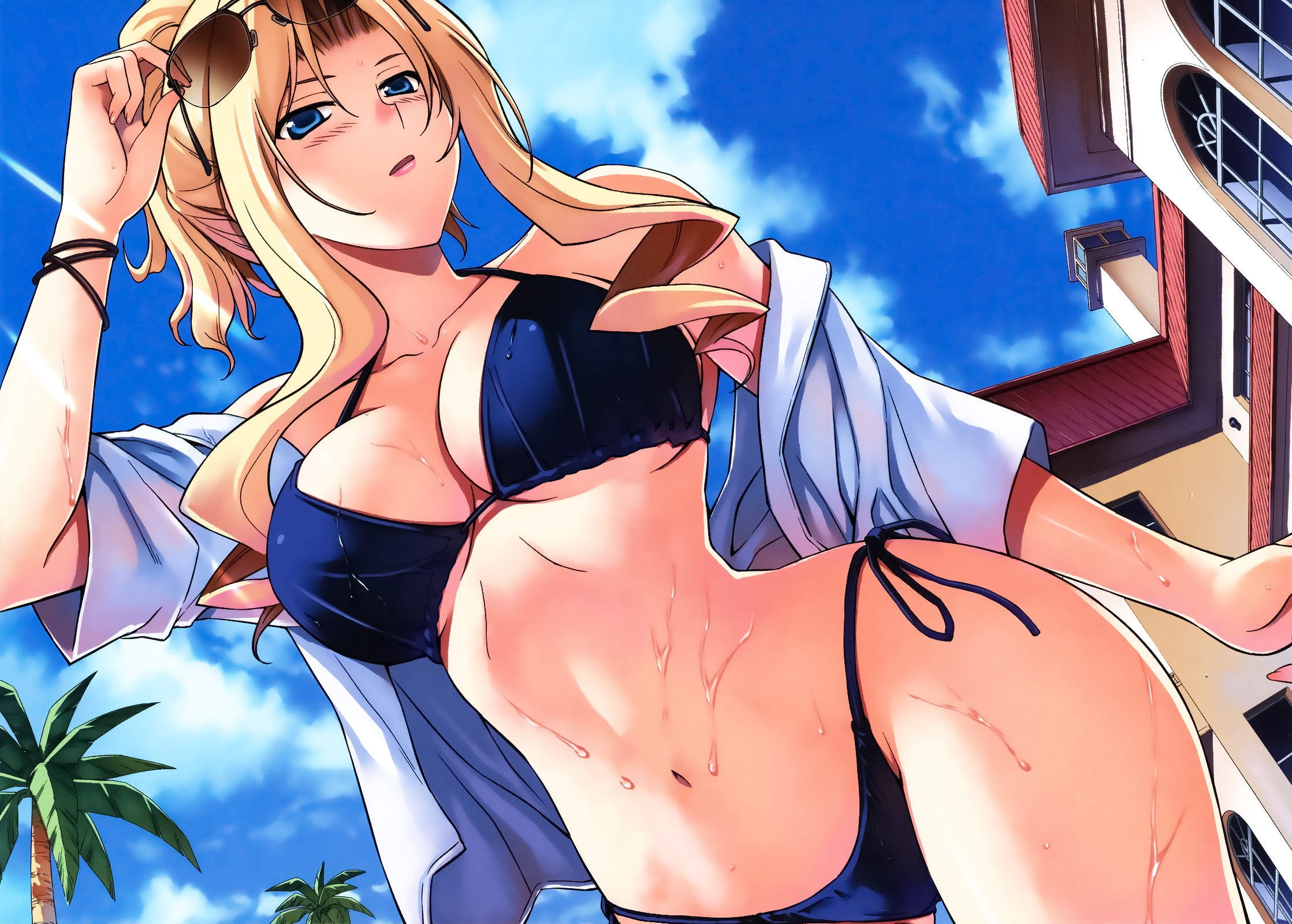 Anime 2237x1599 Freezing anime anime girls bikini blonde long hair blue eyes sky clouds sweat big boobs boobs belly women with shades sunglasses wet body