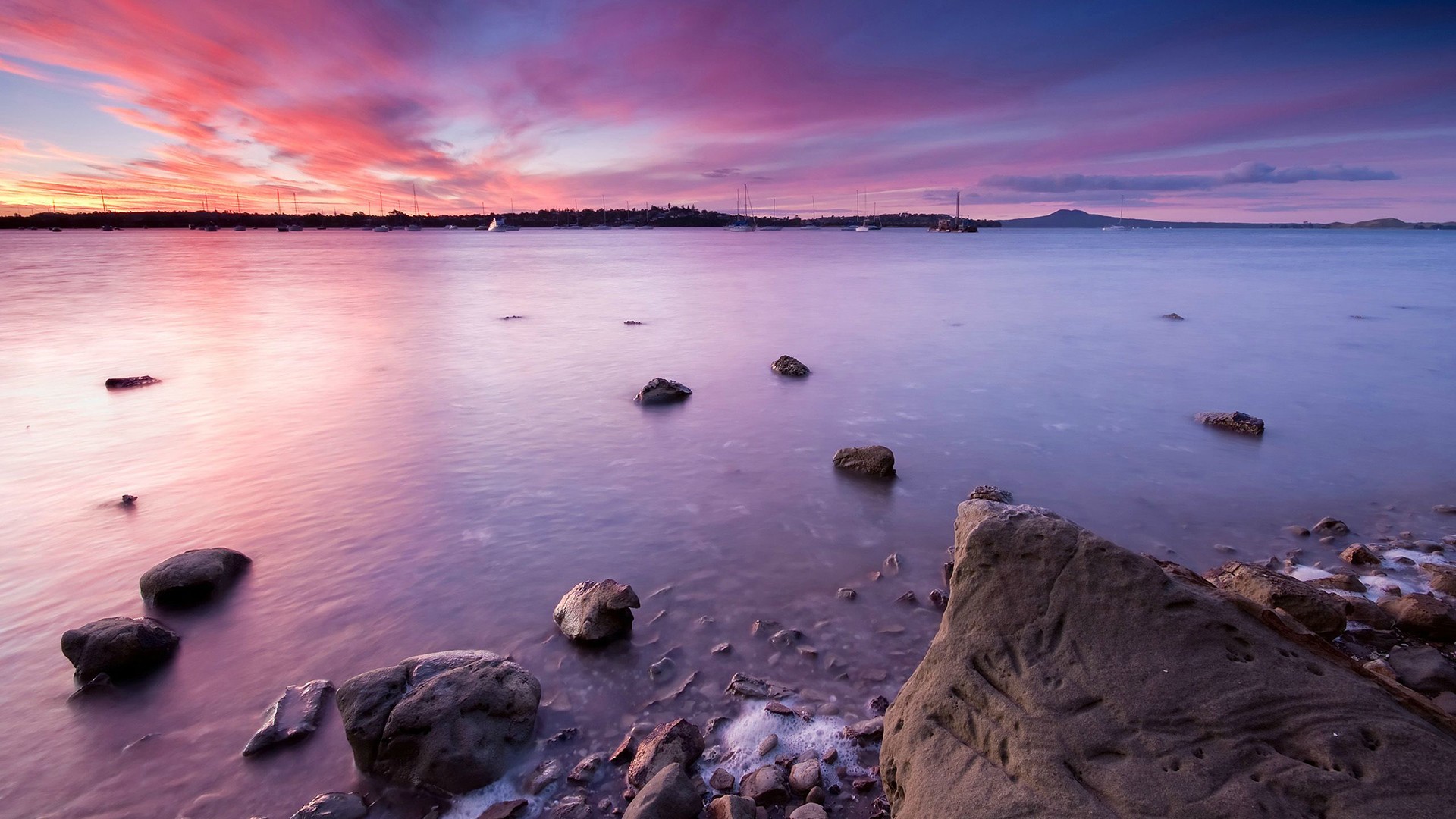 General 1920x1080 photography water Rangitoto violet dawn New Zealand