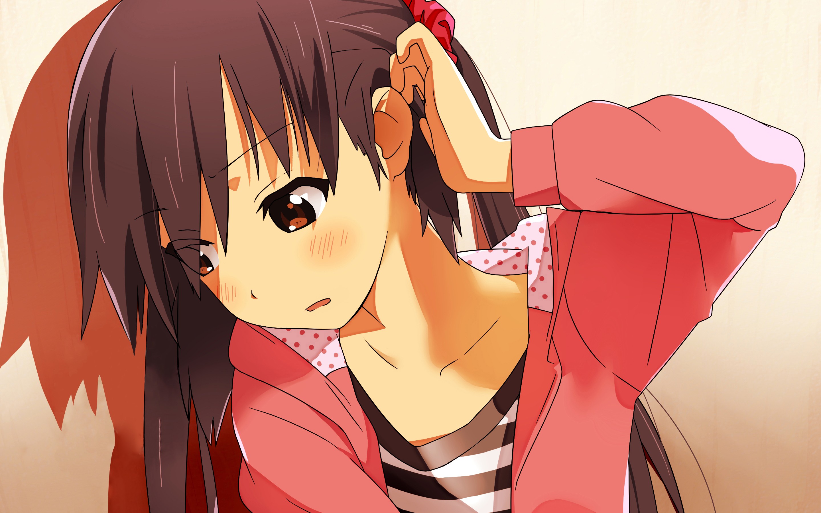 Anime 2880x1800 anime girls anime K-ON! Nakano Azusa face hair in face simple background women brunette long hair looking away closeup striped clothing pink clothing