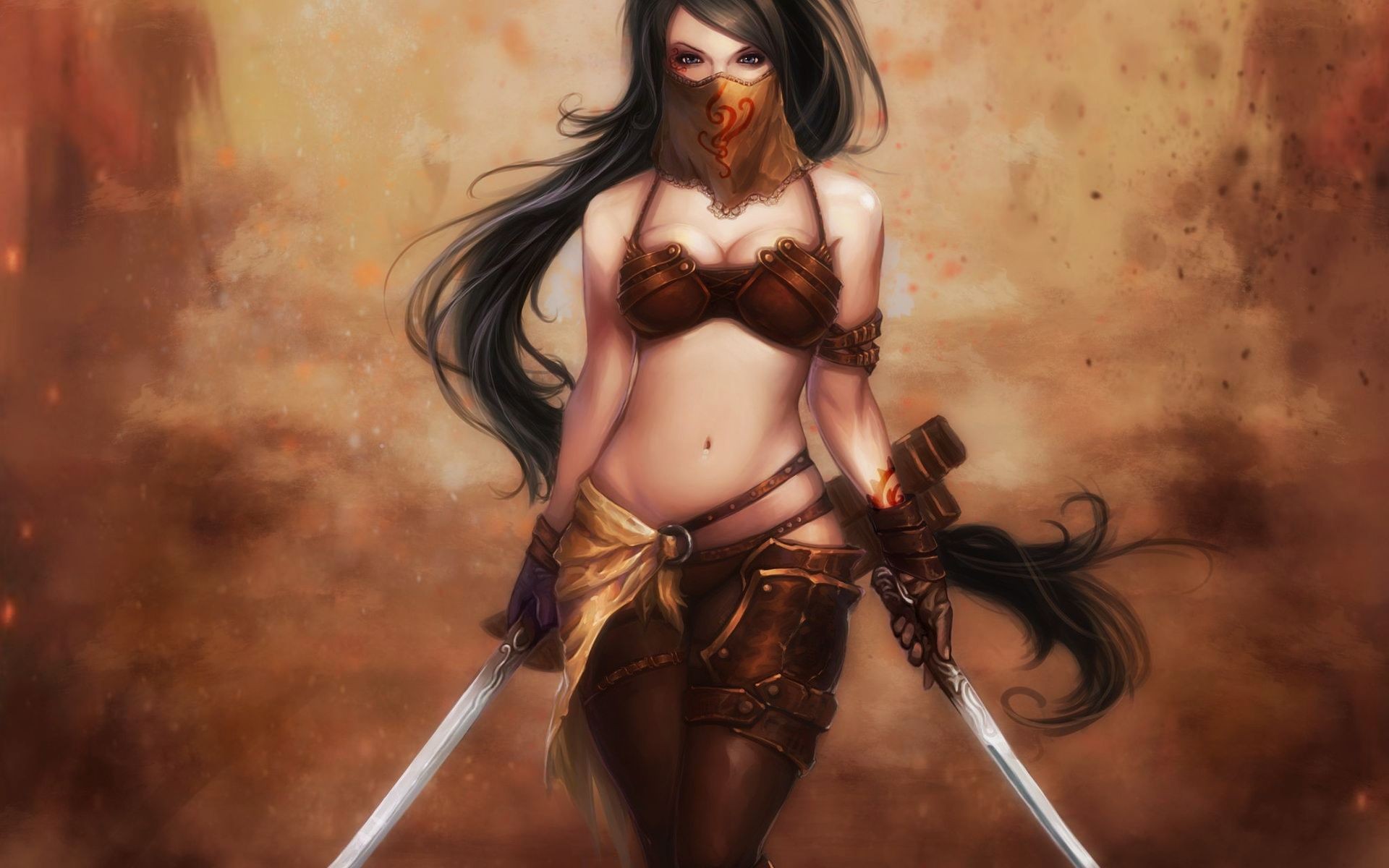 General 1920x1200 fantasy girl fantasy art boobs belly dark hair long hair weapon sword women with swords mask women bra