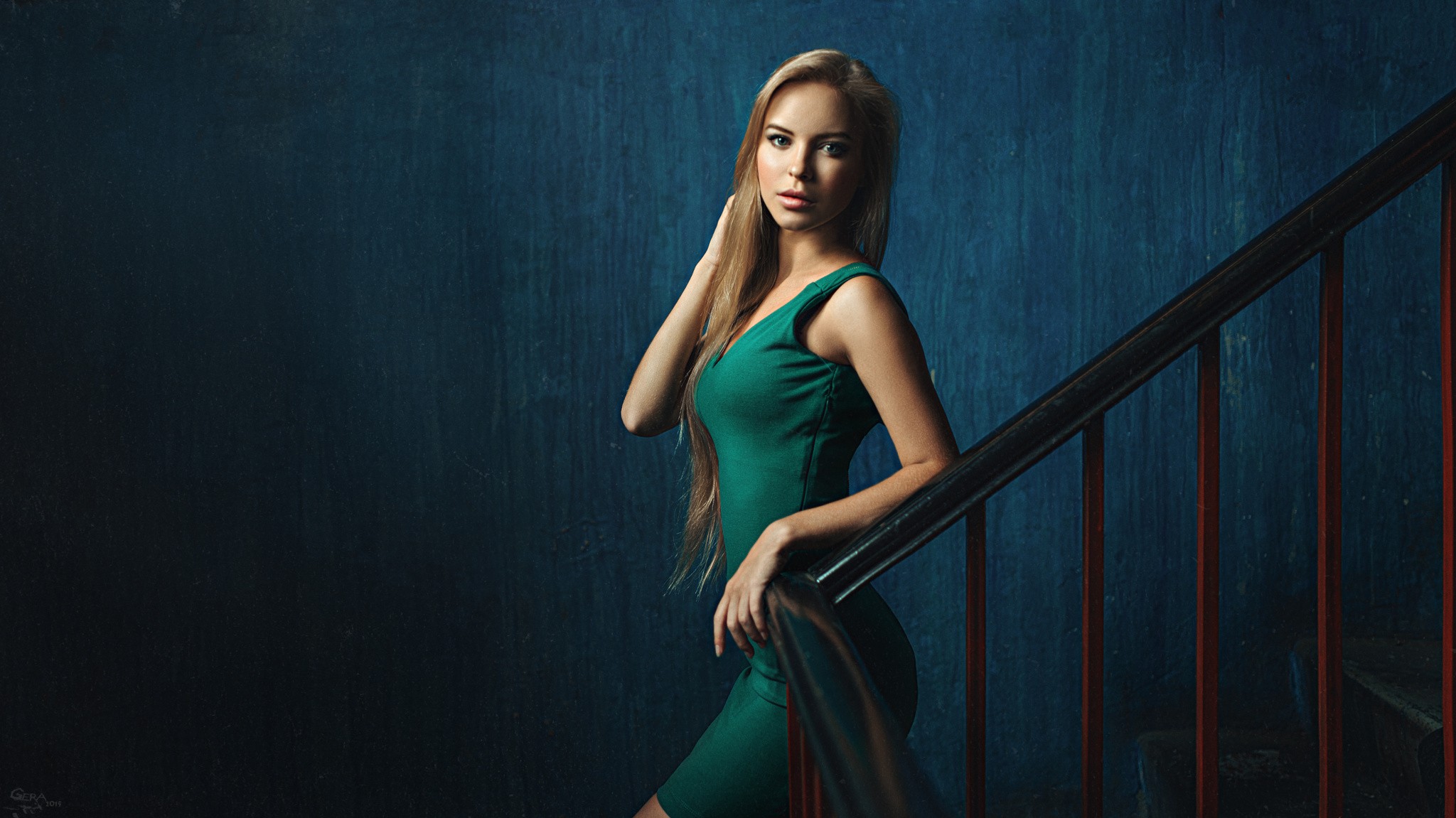 People 2048x1151 women blonde dress wall stairs Georgy Chernyadyev Victoria Pichkurova tight dress tight clothing women indoors indoors looking at viewer long hair model simple background straight hair green dress signature