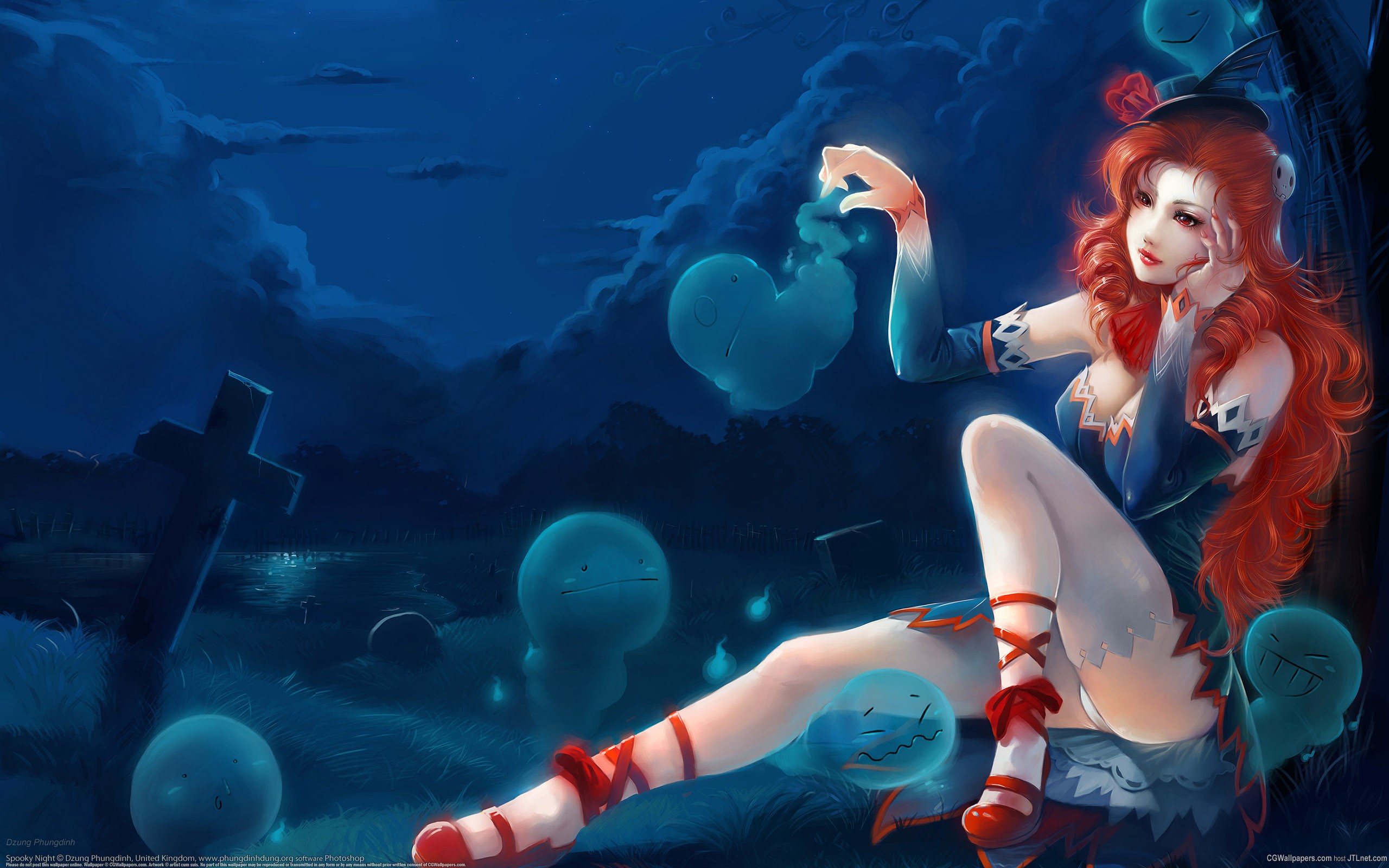 General 2560x1600 fantasy art artwork panties women redhead funny hats fantasy girl long hair red shoes red eyes red lipstick Dzung Phungdinh photoshopped