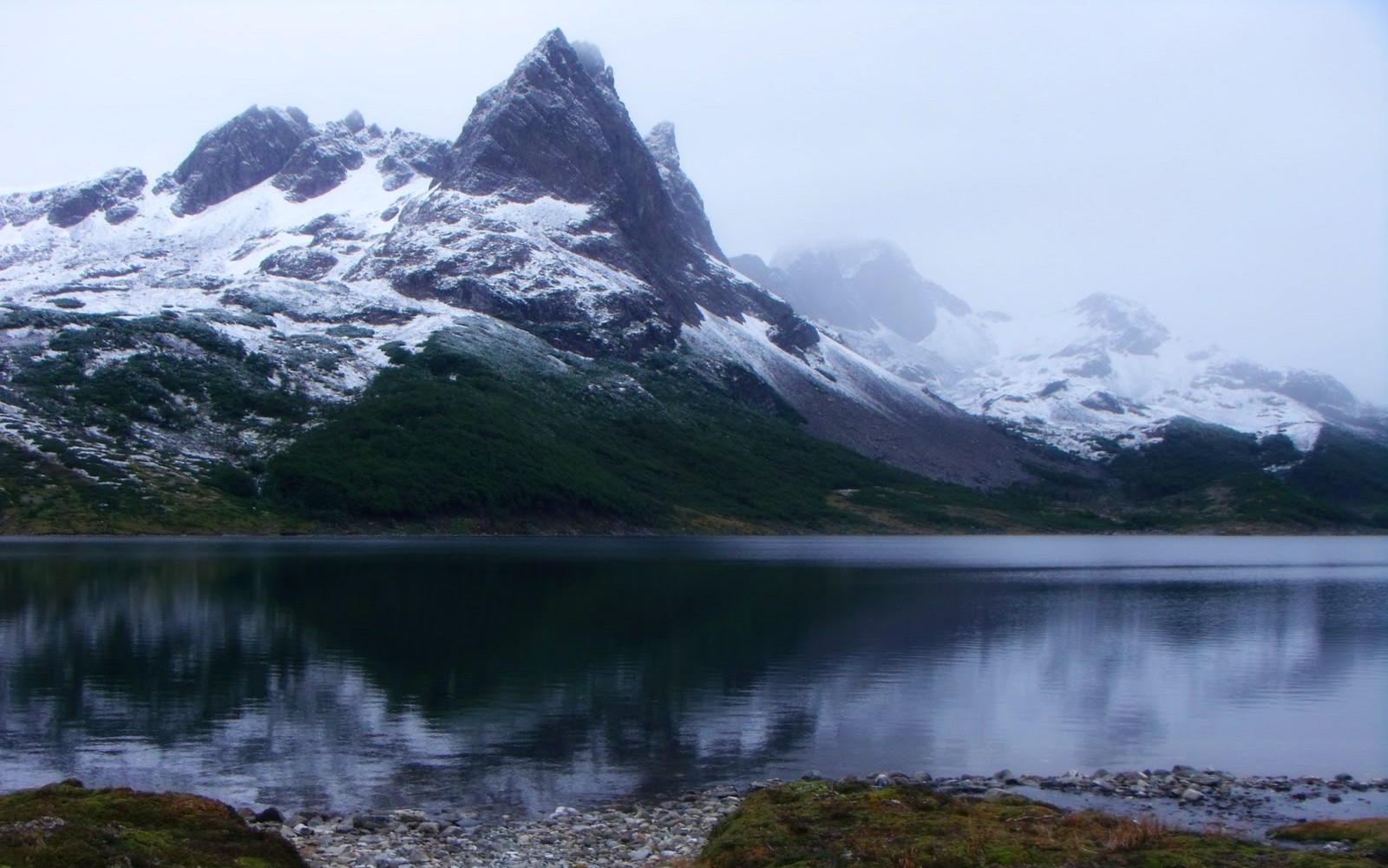 General 1600x1000 lake winter mountains Chile island mist forest snowy peak water landscape nature South America