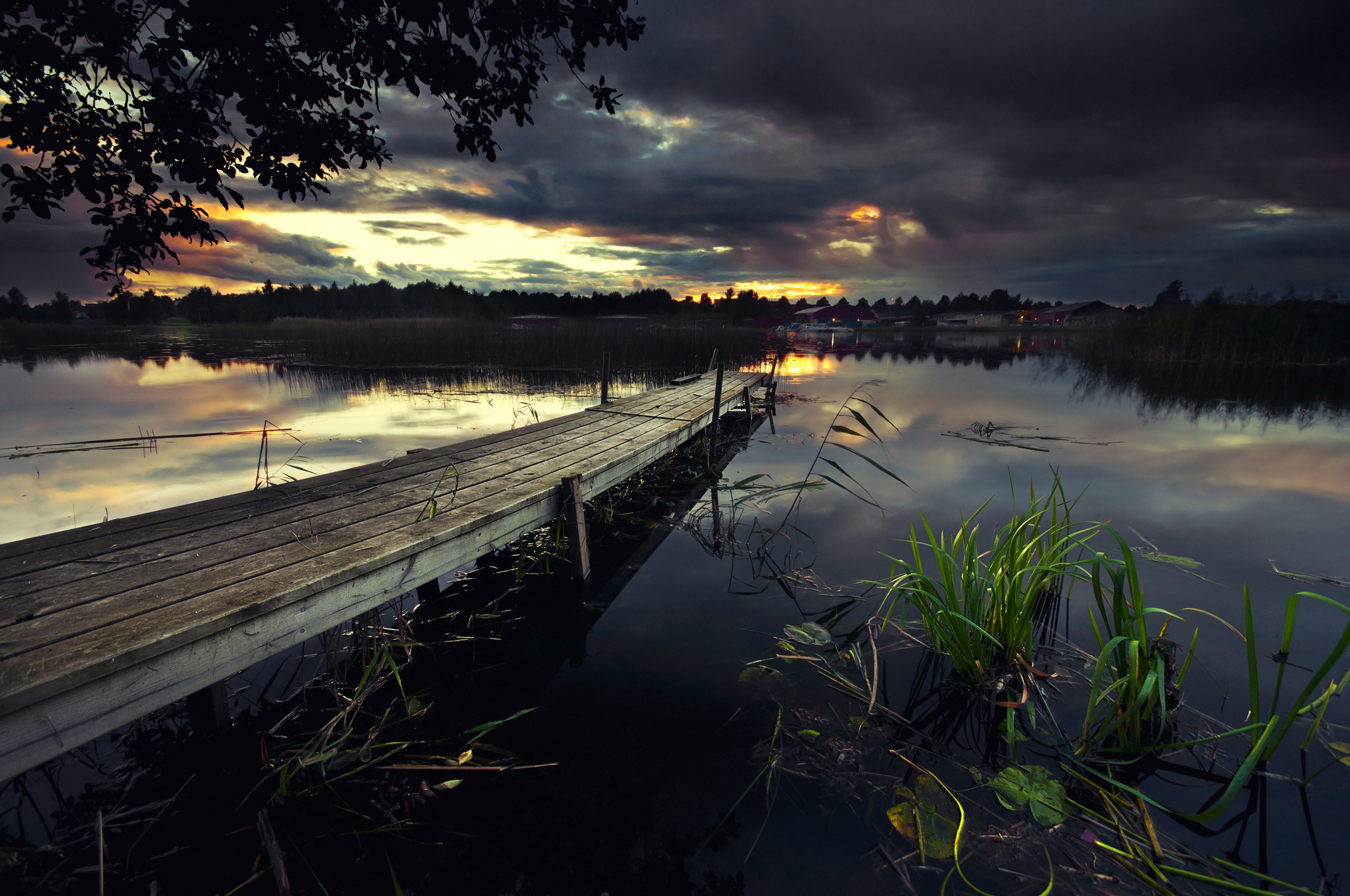 General 2560x1700 pier clouds lake evening reeds nature low light