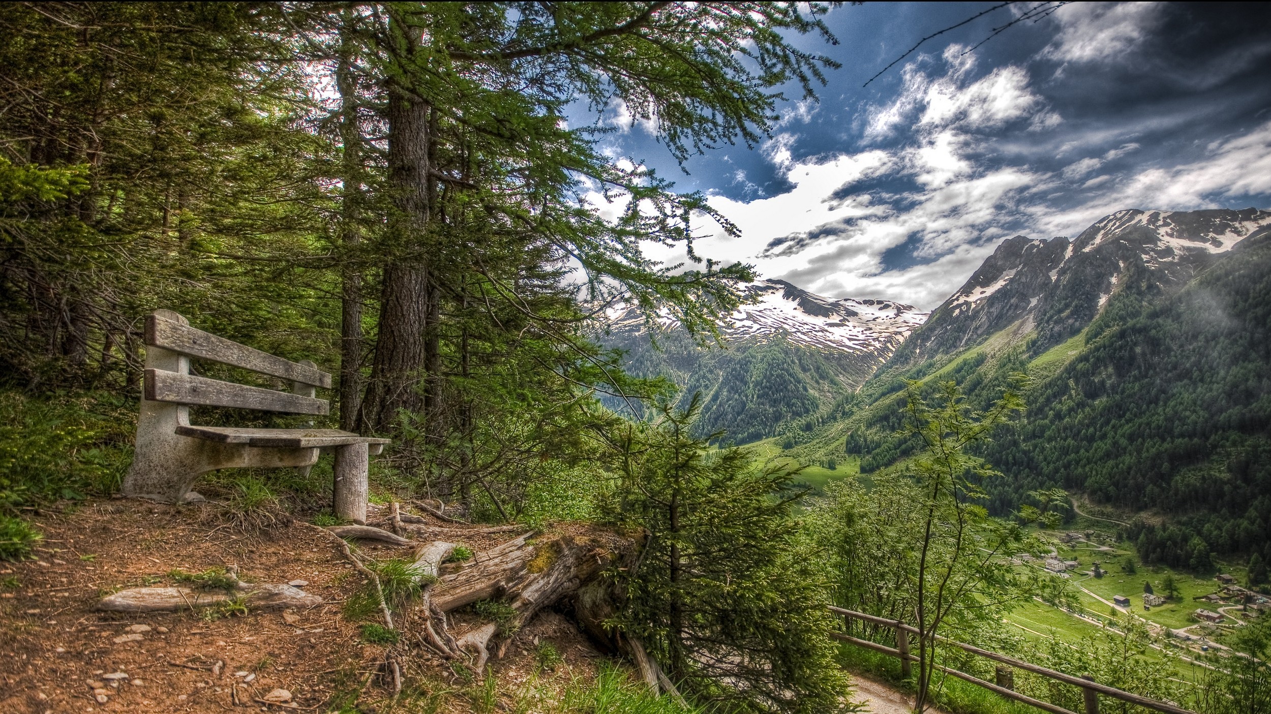 General 2500x1405 nature landscape forest mountains valley bench village summer Alps snowy peak Switzerland
