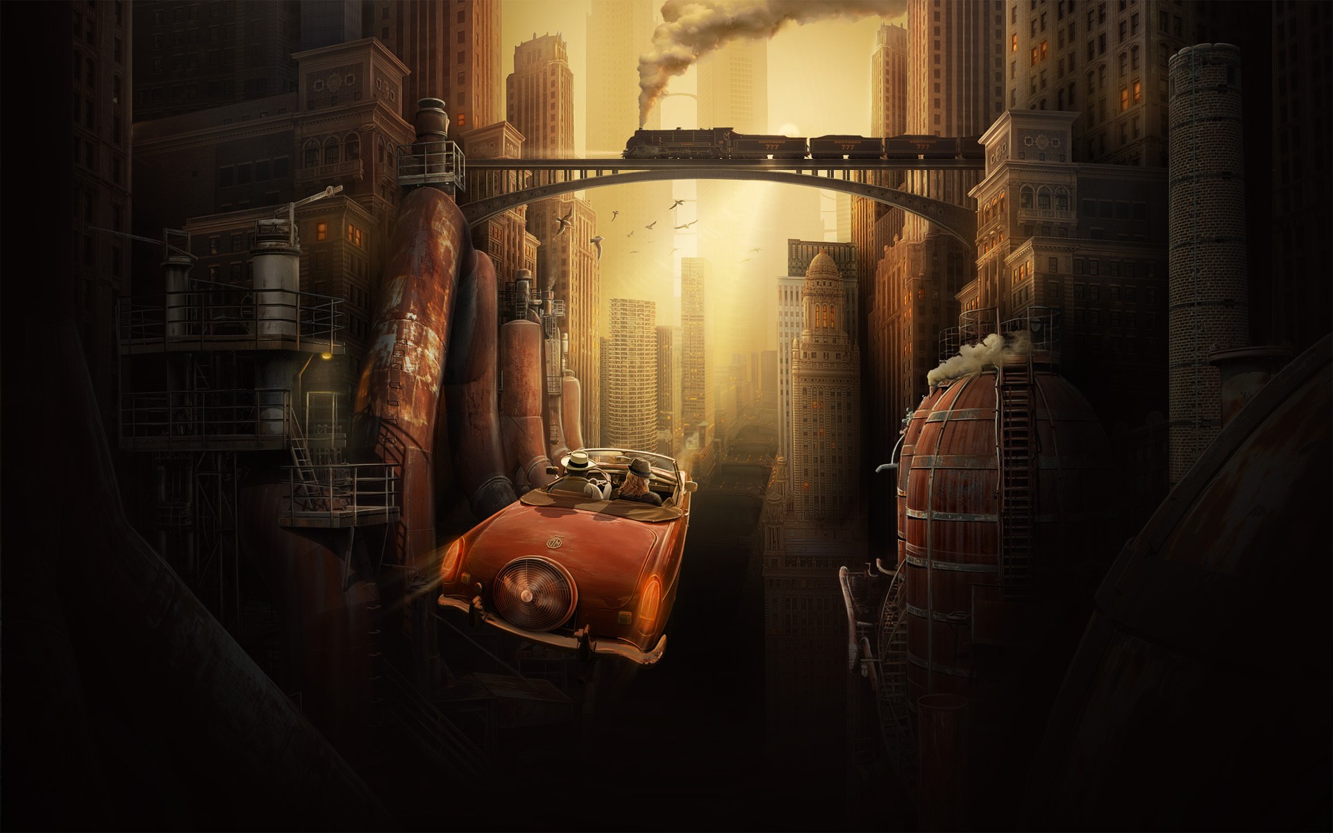 General 1920x1200 car futuristic city vehicle artwork science fiction cityscape red cars train digital art