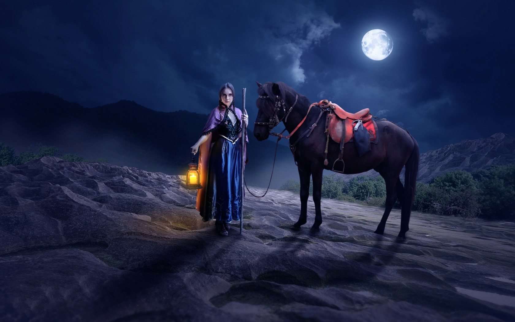 General 1680x1050 fantasy art night women fantasy girl horse animals Moon lantern artwork women outdoors sky