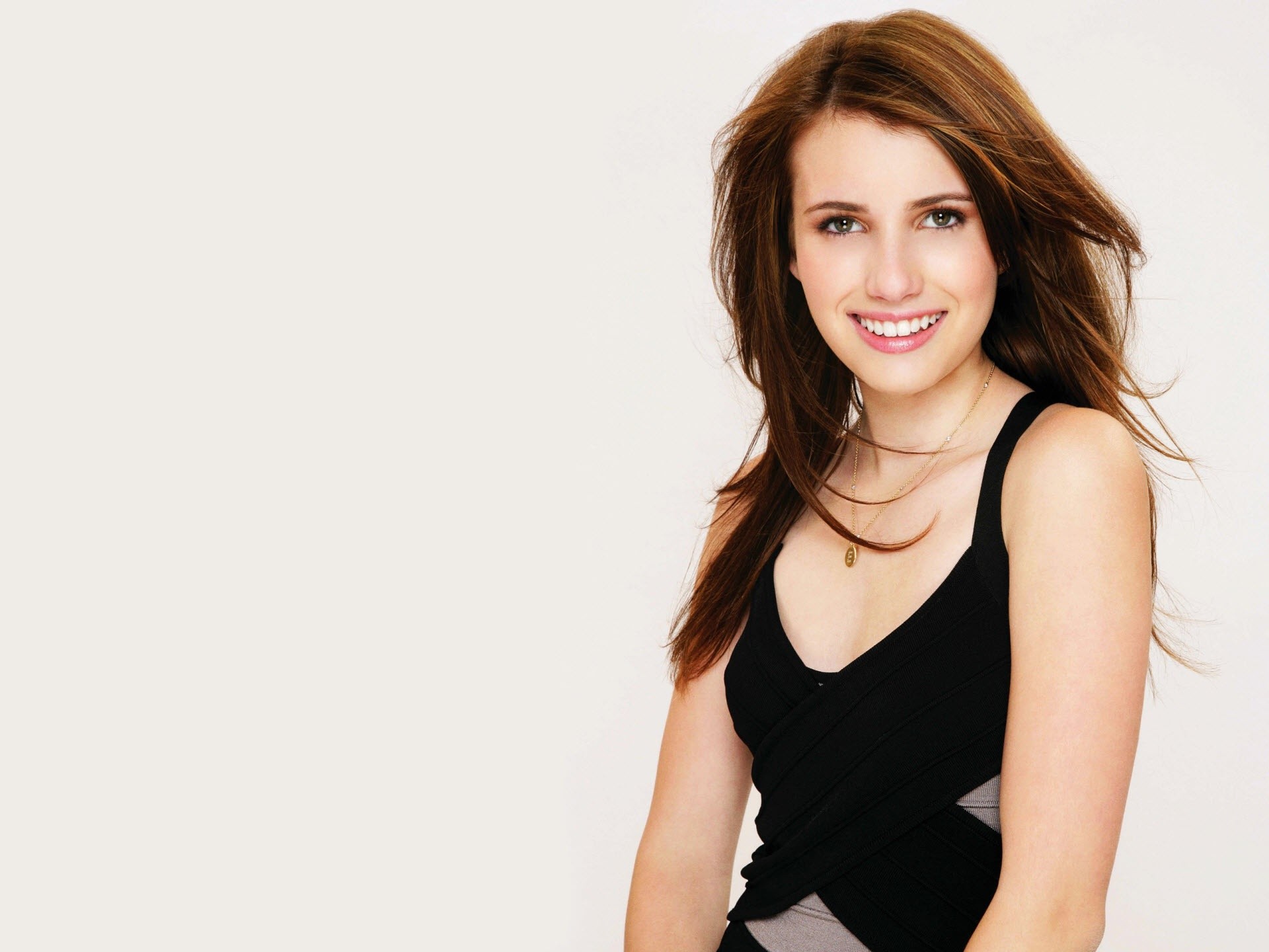 People 1920x1440 women Emma Roberts actress brunette smiling tank top black top looking at viewer long hair American women women indoors indoors studio face portrait necklace black clothing simple background white background