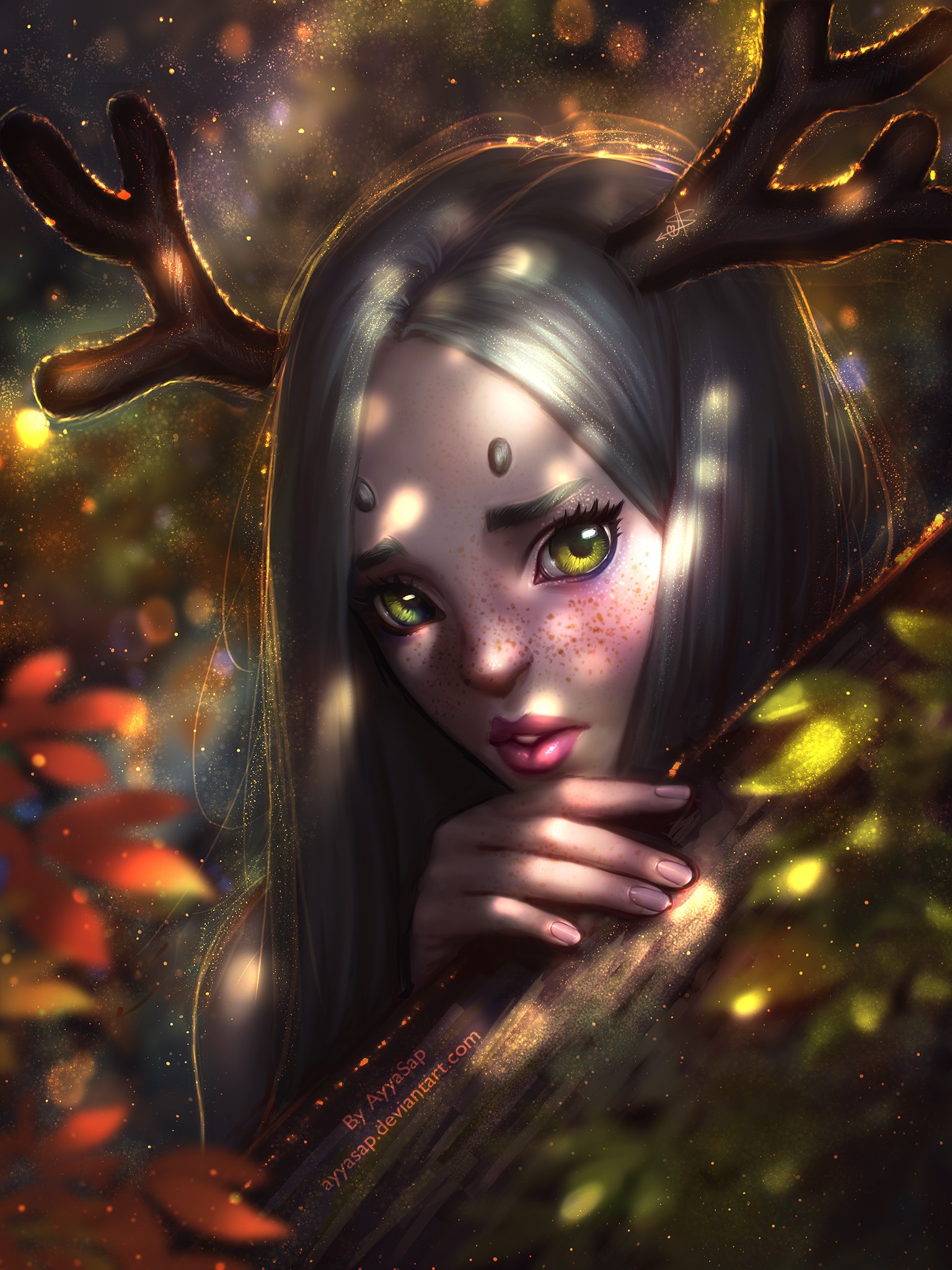 General 1536x2048 fantasy art fantasy girl green eyes face antlers looking at viewer women