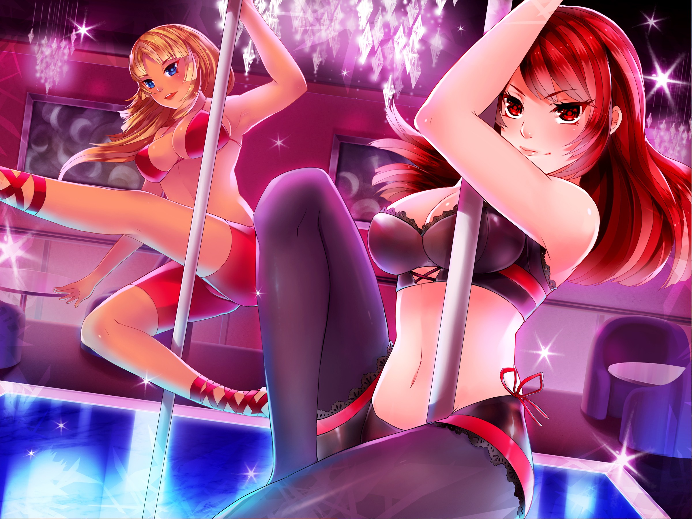 Anime 2400x1800 Huniepop anime dancing poles Audrey Belrose Jessie Maye anime girls Kaskia legs boobs belly redhead red eyes two women women