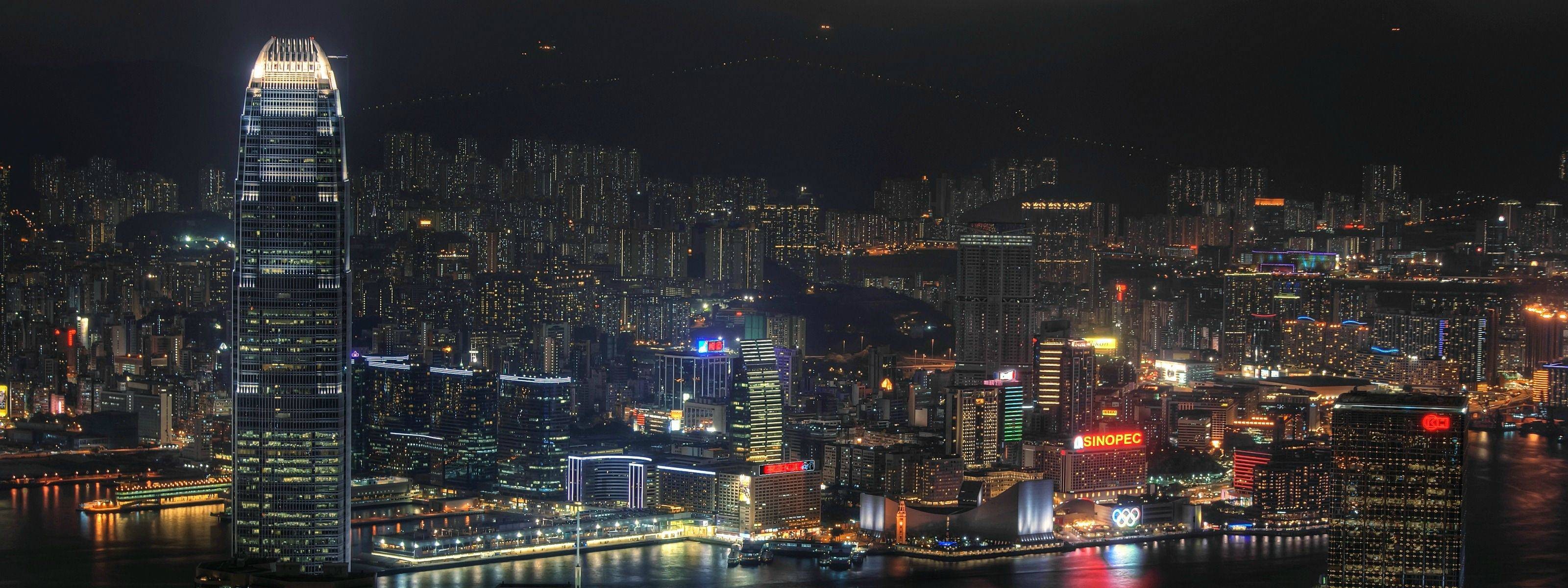 General 3200x1200 cityscape city Hong Kong Asia city lights Victoria Harbour