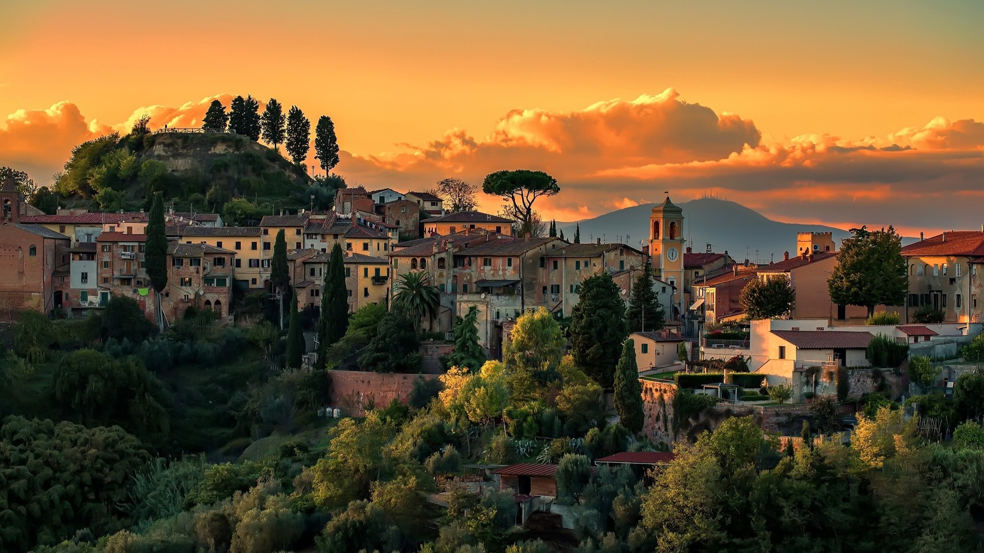 General 1920x1080 architecture building house Italy church trees clouds sunset hills tower old building history orange sky