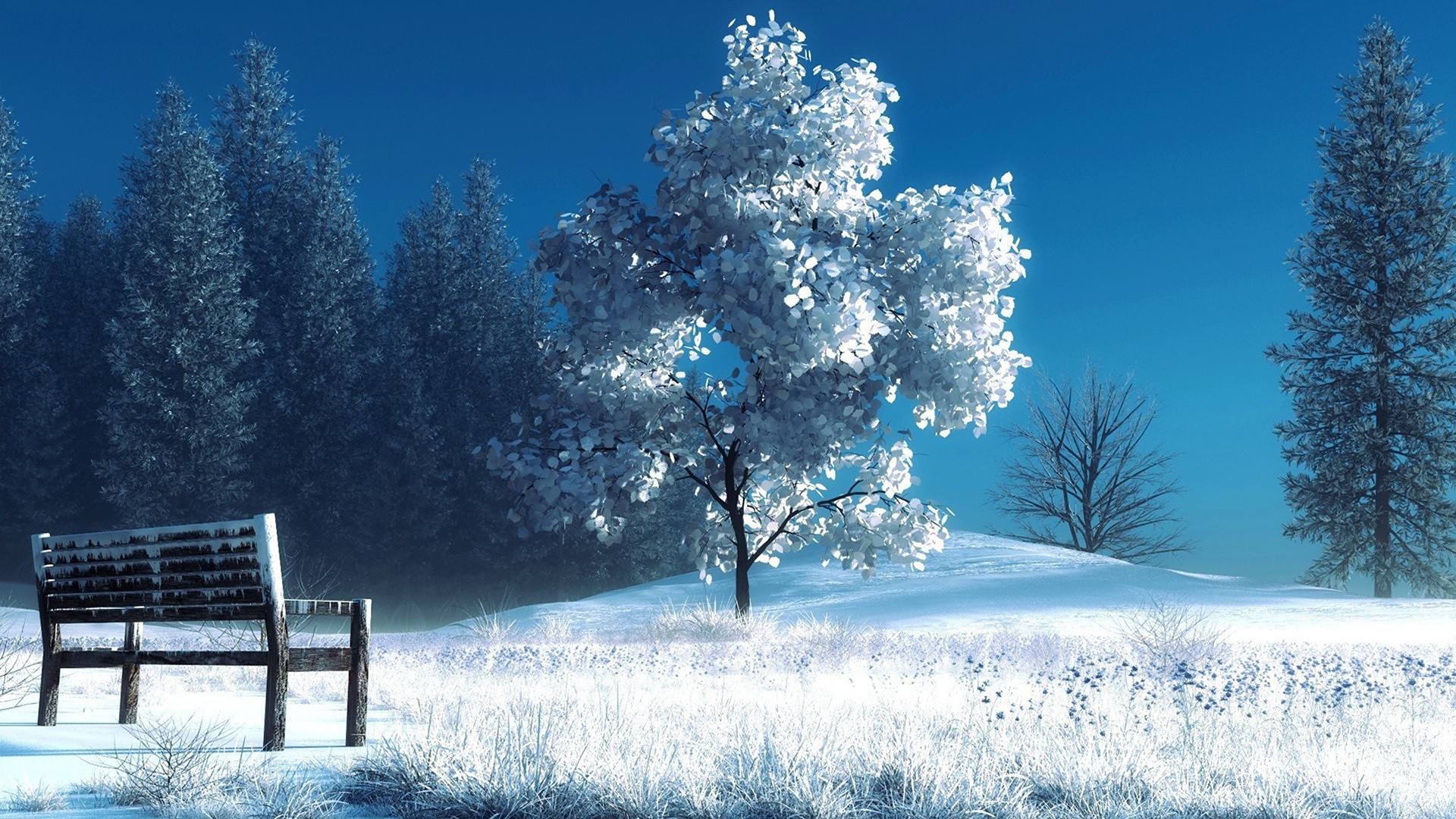 General 1920x1080 winter snow trees nature cold bench outdoors artwork