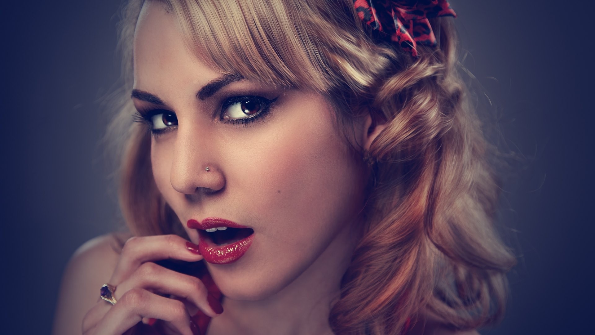 People 1920x1080 women blonde pierced nose open mouth red lipstick closeup eyeliner looking at viewer simple background piercing women indoors studio face makeup red nails painted nails