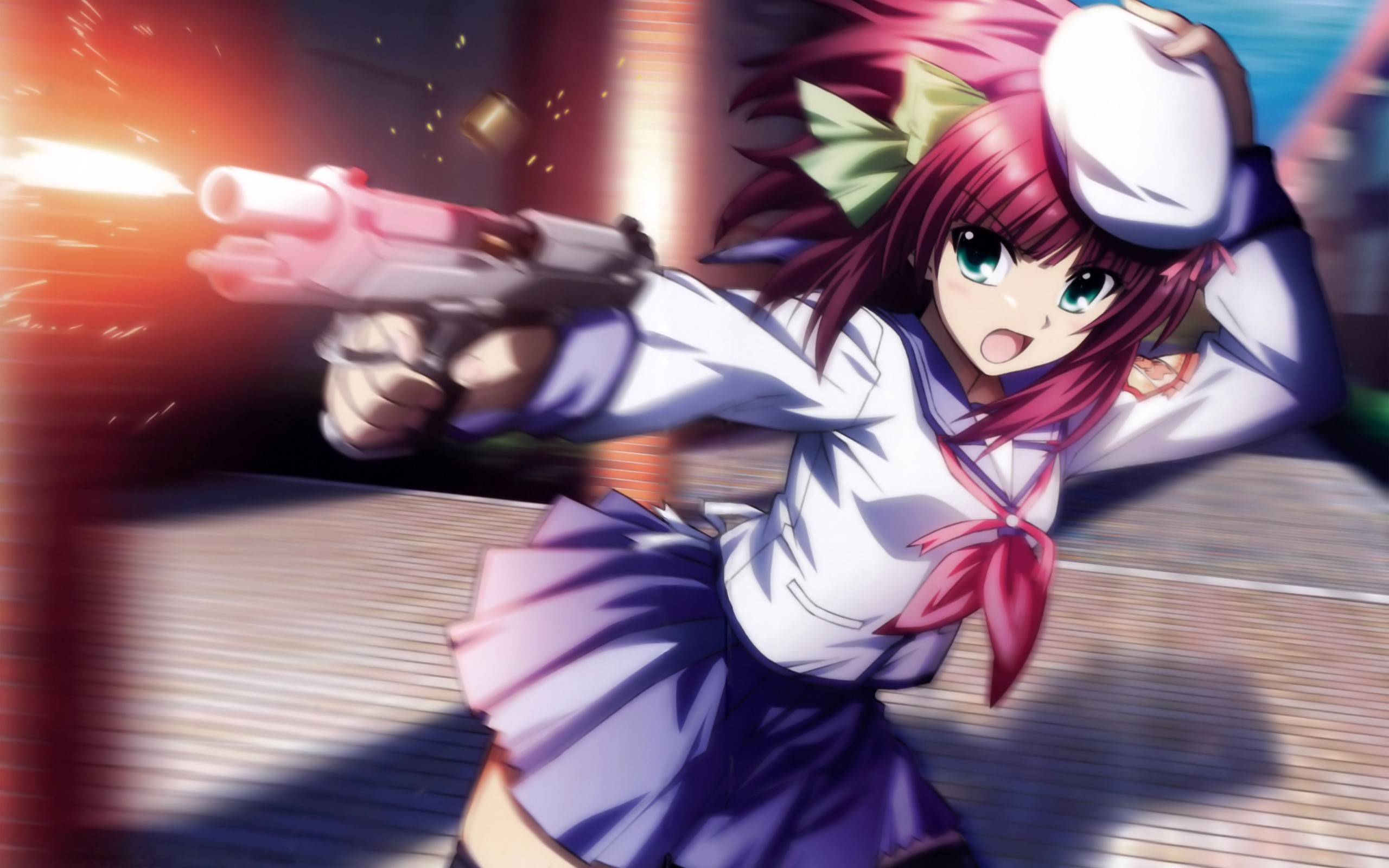 Anime 2560x1600 anime anime girls Angel Beats! gun Nakamura Yuri girls with guns weapon open mouth skirt school uniform
